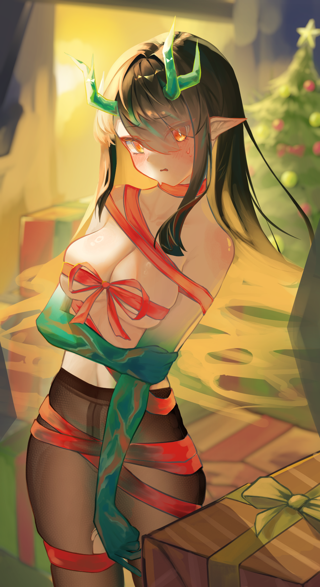 dusk (arknights), arknights, check translation, highres, korean commentary, translation request, 1girl, bare shoulders, black hair, black pantyhose, blush, bound, box, breasts, christmas, christmas ornaments, christmas tree, cleavage, colored skin, dragon girl, dragon horns, euueeu, gift, gift box, green hands, green horns, horns, large breasts, long hair, looking at viewer, multicolored hair, naked ribbon, pantyhose, pointy ears, red eyes, red ribbon, ribbon, ribbon bondage, solo, streaked hair