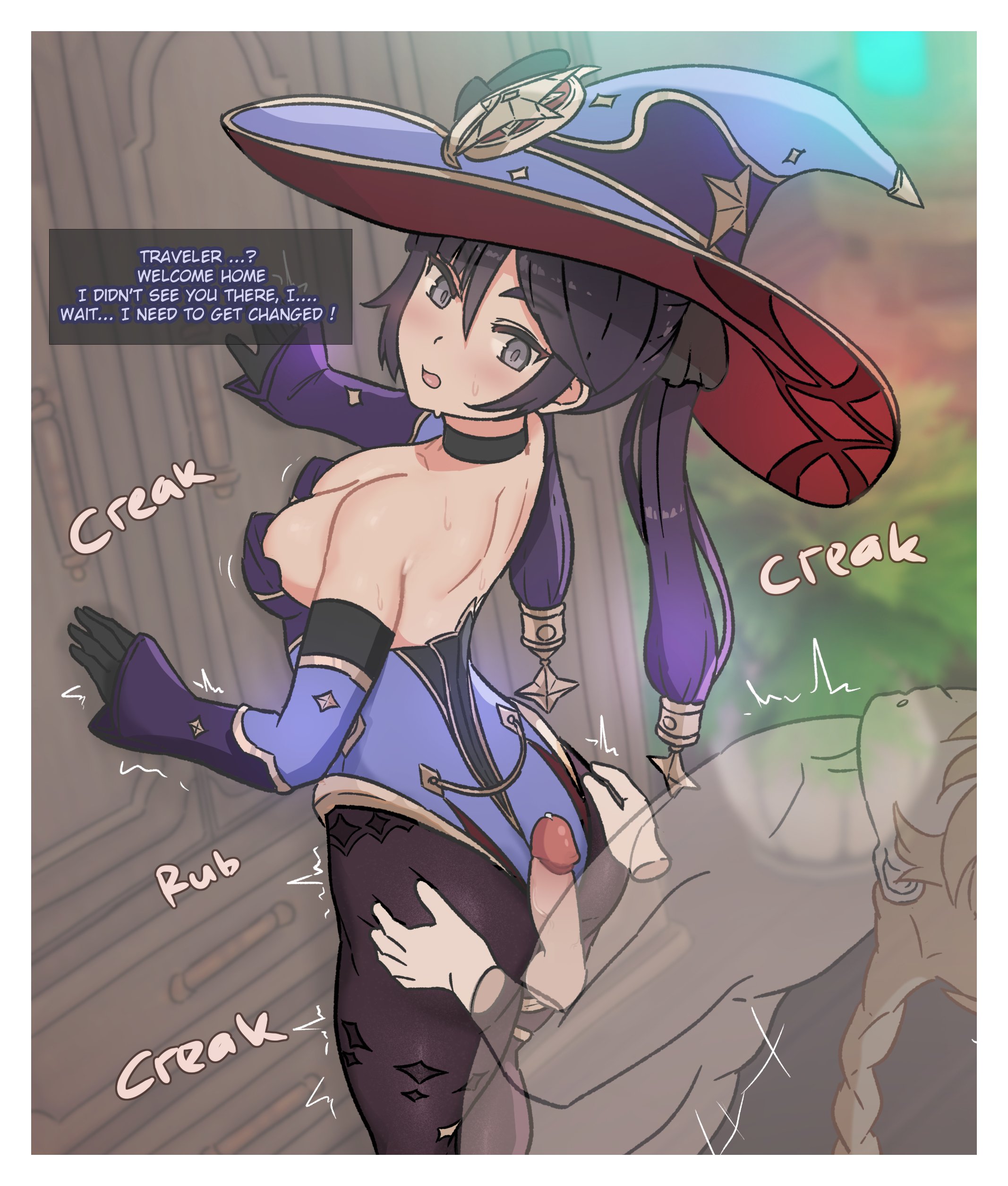 valenthania, aether (genshin impact), mona (genshin impact), genshin impact, invisible man, absurdres, commentary, highres, 1boy, 1girl, bare shoulders, black choker, black eyes, black gloves, black hair, black pantyhose, blonde hair, border, breasts, buttjob, buttjob over clothes, choker, clothed female nude male, detached sleeves, english text, erection, gloves, gradient hair, hat, hetero, leotard, long hair, looking back, medium breasts, multicolored hair, nude, open mouth, pantyhose, penis, purple hair, purple hat, purple leotard, purple sleeves, solo focus, sound effects, standing, strapless, strapless leotard, uncensored, white border, witch hat