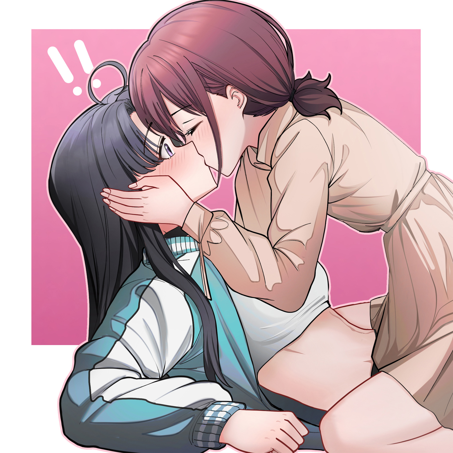 awa subaru, iseri nina, girls band cry, artist request, commentary request, commission, highres, second-party source, !, !!, 2girls, ahoge, black hair, blue jacket, blush, brown dress, closed eyes, crop top, dress, jacket, kiss, midriff, multiple girls, pink background, purple eyes, red hair, shirt, short twintails, straddling, twintails, two-tone background, white background, white shirt, yuri