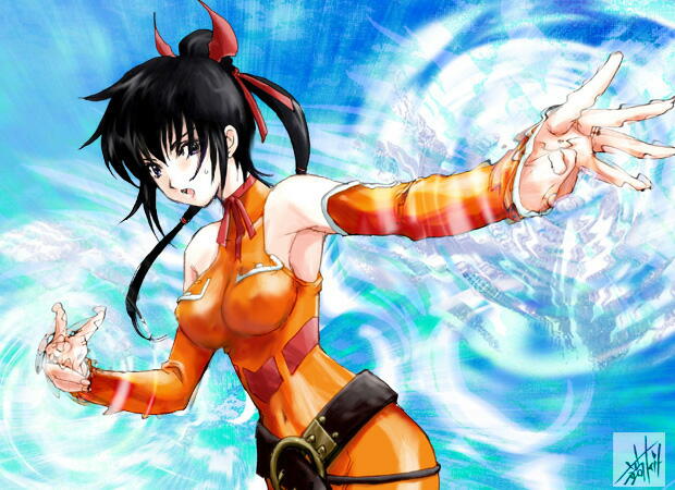 kon-kit, lisa pacifist, final fantasy, final fantasy unlimited, 00s, black hair, detached sleeves, elbow gloves, gloves, hair ribbon, ribbon