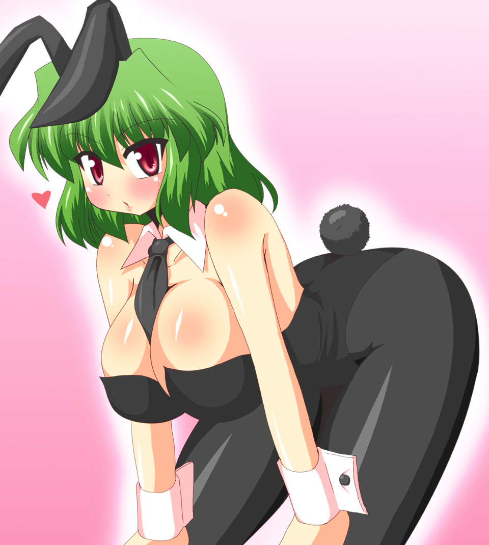 akasode (tyaramu), kazami yuuka, touhou, 1girl, animal ears, bare shoulders, bent over, between breasts, black necktie, blush, breasts, cleavage, clothes between breasts, cuffs, female focus, green hair, hanging breasts, heart, huge breasts, large breasts, necktie, pantyhose, playboy bunny, rabbit ears, rabbit tail, red eyes, solo, tail, wrist cuffs