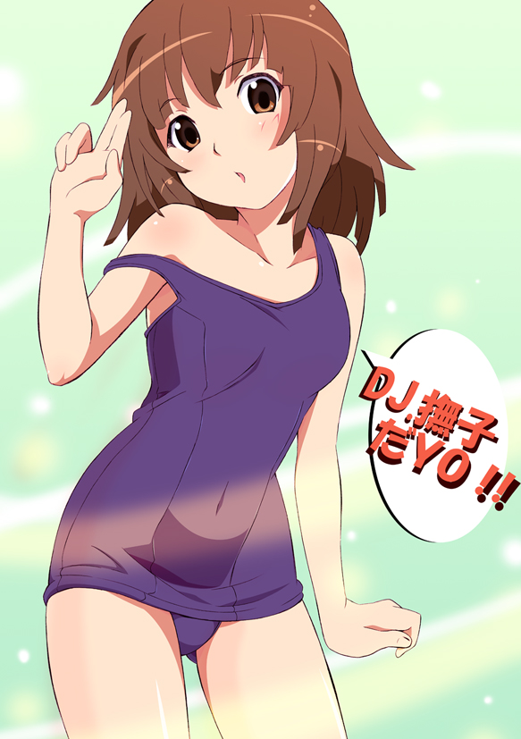 misashi (raichi821), sengoku nadeko, bakemonogatari, monogatari (series), bad id, bad pixiv id, 1girl, brown eyes, brown hair, female focus, green background, off shoulder, one-piece swimsuit, purple one-piece swimsuit, purple school swimsuit, school swimsuit, solo, swimsuit