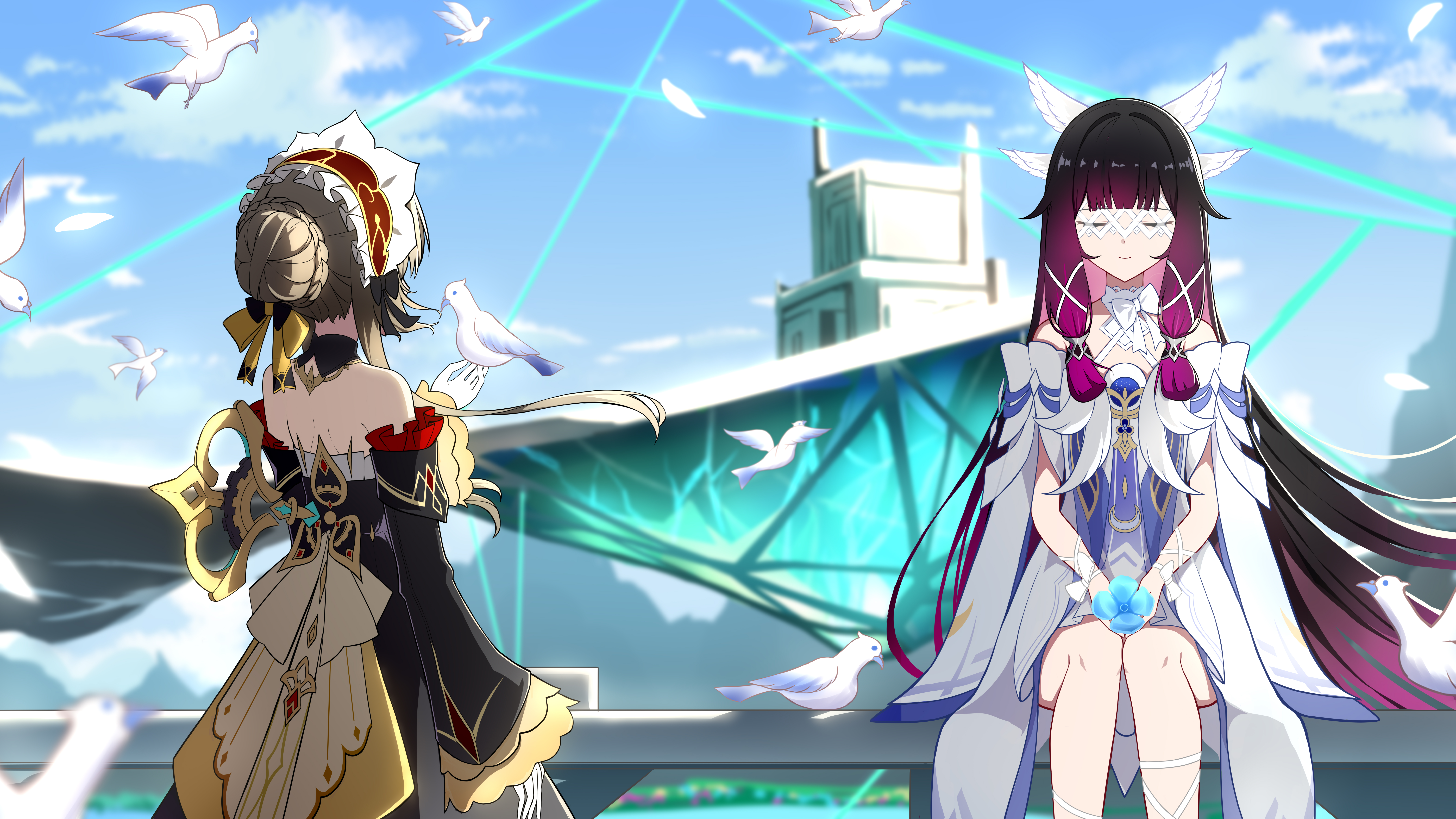 mxirony, columbina (genshin impact), sandrone (genshin impact), genshin impact, absurdres, chinese commentary, commentary request, highres, 2girls, bare shoulders, bird, black hair, blue flower, blue sky, blunt bangs, braid, braided bun, brown hair, closed eyes, closed mouth, cloud, day, dove, dress, eye mask, flower, gradient hair, hair bun, hair ornament, long hair, low-tied sidelocks, mask, multicolored hair, multiple girls, outdoors, pink hair, purple hair, sidelocks, sitting, sky, smile, white bird, white dress, wing hair ornament
