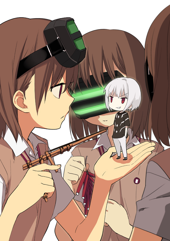 kazuga (dorp), accelerator (toaru majutsu no index), misaka imouto, misaka mikoto, toaru majutsu no index, bad id, bad pixiv id, 1boy, 3girls, brown eyes, brown hair, chibi, firecrackers, gun, head-mounted display, multiple girls, rubber band, school uniform, short hair, siblings, sisters, sweater vest, weapon, white hair
