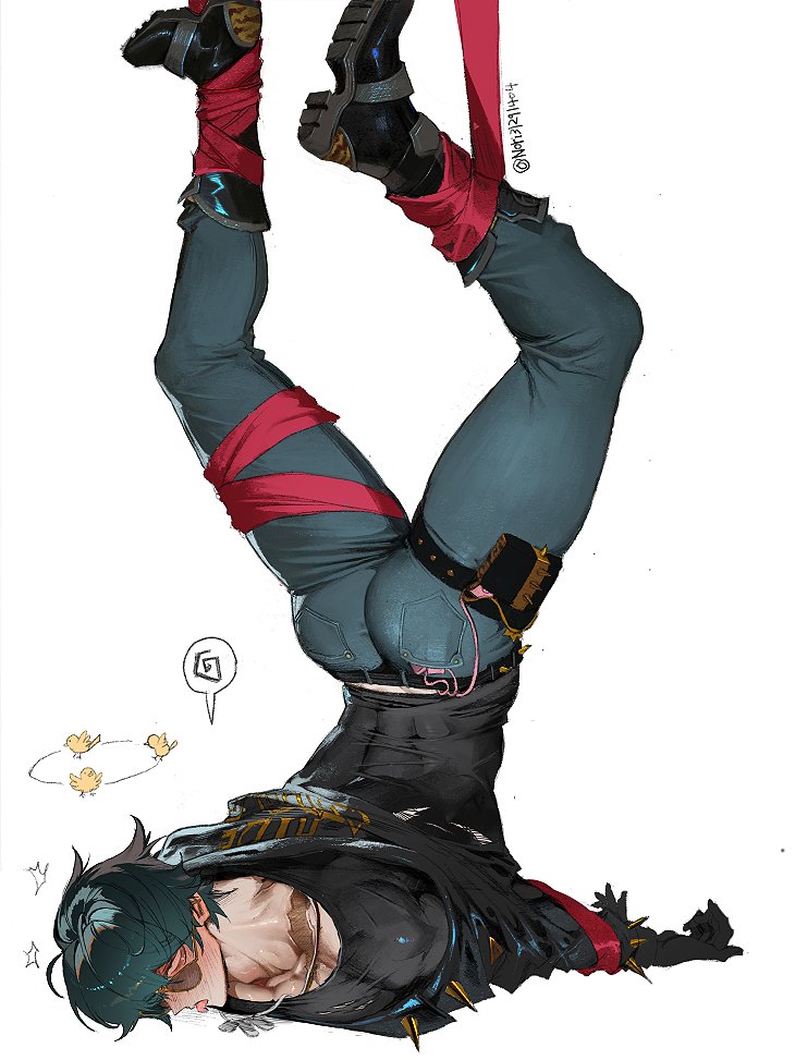 runa (nori31291404), lighter (zenless zone zero), zenless zone zero, commentary, symbol-only commentary, 1boy, ass, ass focus, bdsm, black boots, black hair, blush, bondage, boots, bound, dizzy, dog tags, jacket, leather, leather jacket, legs up, male focus, scar, scar on shoulder, shoulder spikes, signature, solo, spiked belt, spiked jacket, spikes, sunglasses, toned, toned male, tongue, tongue out, top-down bottom-up, upside-down, white background