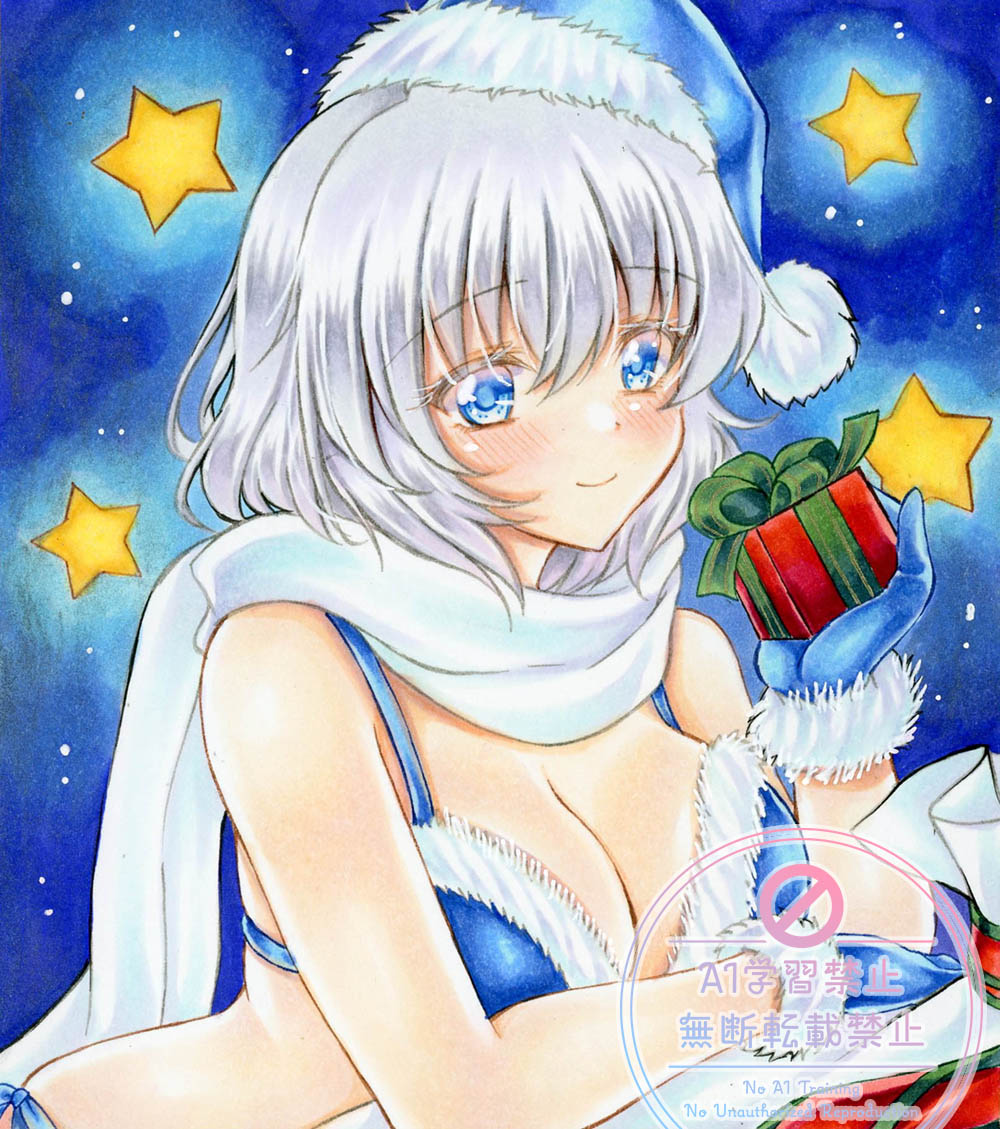 nekofish666, letty whiterock, touhou, hashtag-only commentary, 1girl, bikini, blue background, blue bikini, blue eyes, blue gloves, blue hat, breasts, cleavage, fur bikini, fur gloves, gloves, hat, looking at viewer, santa hat, scarf, solo, star (symbol), swimsuit, white hair, white scarf