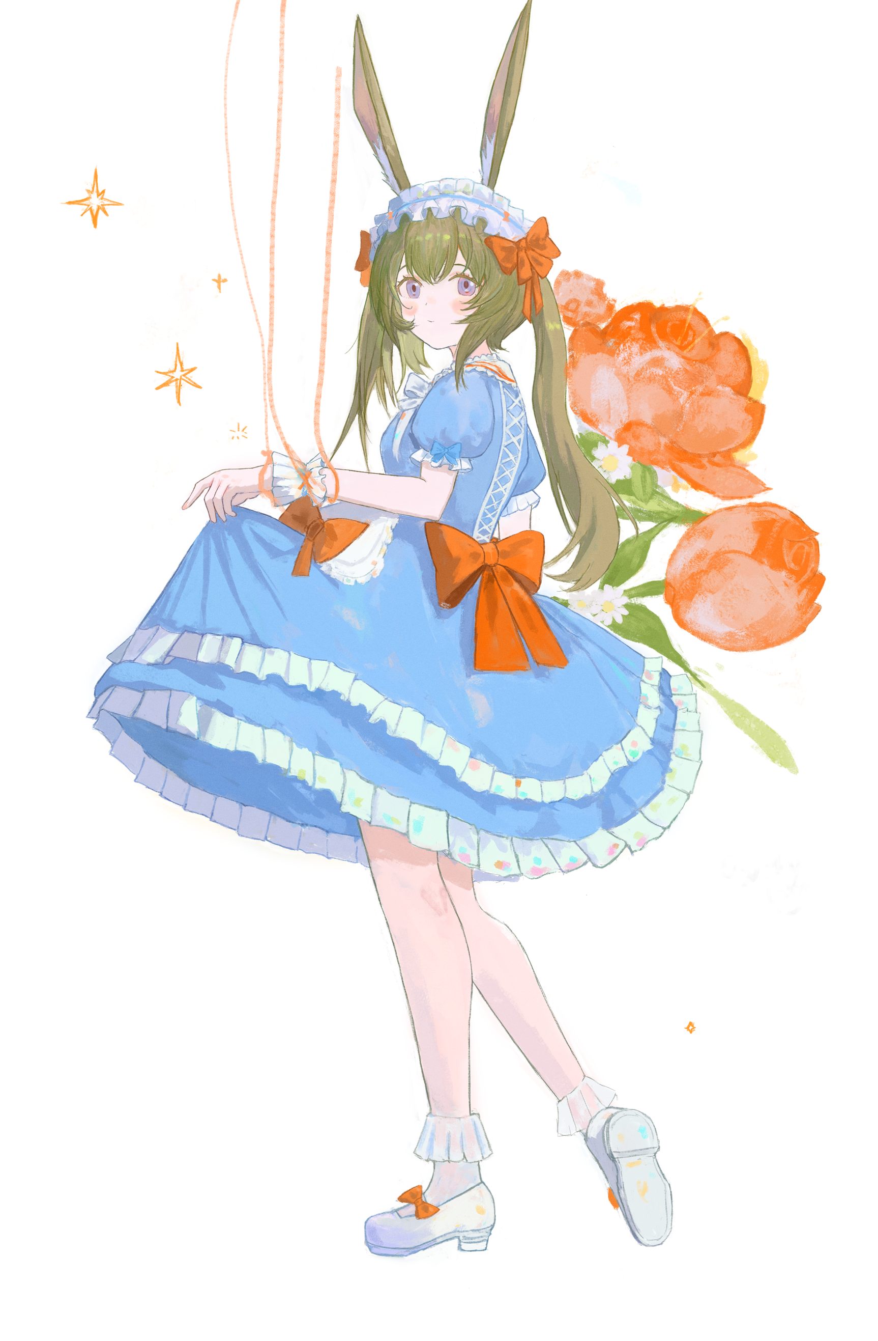 gumiaoandpeace, amiya (arknights), arknights, absurdres, chinese commentary, commentary request, highres, 1girl, alternate costume, alternate hairstyle, animal ears, blue dress, bow, brown hair, closed mouth, dress, floral background, flower, frilled dress, frills, full body, hairband, long hair, looking at viewer, puffy short sleeves, puffy sleeves, purple eyes, rabbit ears, rabbit girl, red bow, red flower, red tulip, shoe soles, shoes, short sleeves, skirt hold, solo, standing, tulip, twintails, white background, white hairband, white shoes, wrist cuffs