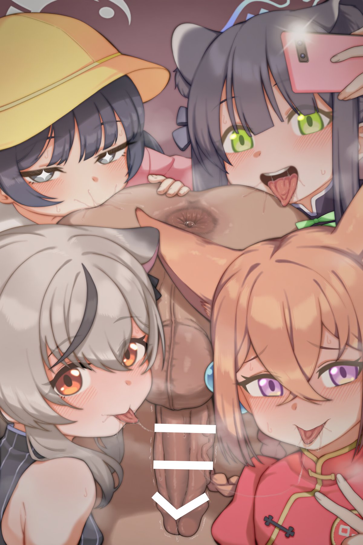 hawkboku, kisaki (blue archive), kisaki (kindergarten uniform) (blue archive), kokona (blue archive), rumi (blue archive), shun (blue archive), shun (small) (blue archive), blue archive, commentary request, highres, 1boy, 4girls, anus, cellphone, imminent fellatio, multiple girls, phone