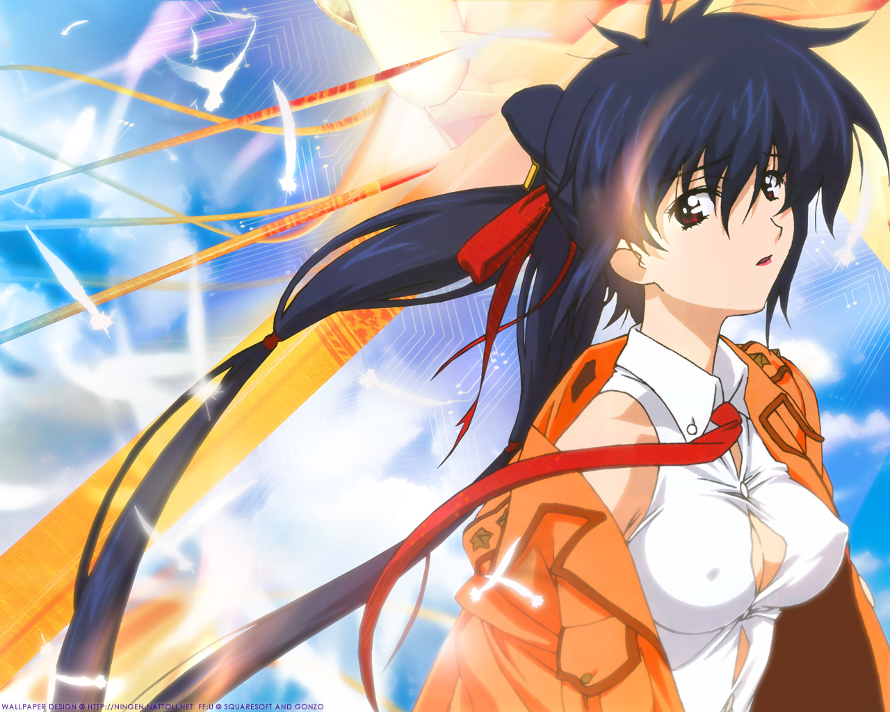 lisa pacifist, final fantasy, final fantasy unlimited, 00s, black hair, breasts, cleavage, covered erect nipples, detached sleeves, elbow gloves, gloves, hair ribbon, large breasts, ribbon