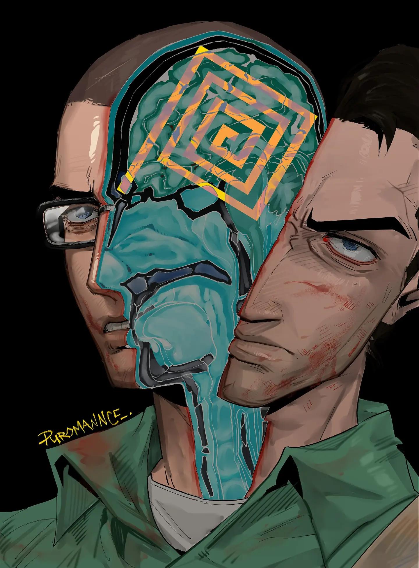 leo kasper, manhunt, highres, 2boys, artist name, black hair, blood, daniel lamb, glasses, male focus, multiple boys, round eyewear, signature, split theme, upper body