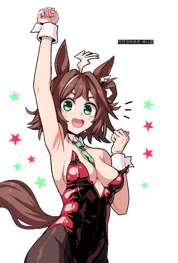formicid, rhein kraft (umamusume), umamusume, commentary, english commentary, translation request, 1girl, ahoge, animal ears, armpits, between breasts, black pantyhose, blush, breasts, brown hair, cleavage, detached collar, earrings, green necktie, hair rings, horse ears, horse girl, horse tail, jewelry, korean text, leotard, looking at viewer, medium breasts, multicolored hair, necktie, necktie between breasts, nontraditional playboy bunny, open mouth, pantyhose, red leotard, short hair, simple background, single hair ring, smile, solo, star (symbol), star earrings, star in eye, strapless, strapless leotard, streaked hair, symbol in eye, tail, white background, white streaks, white wrist cuffs, wrist cuffs