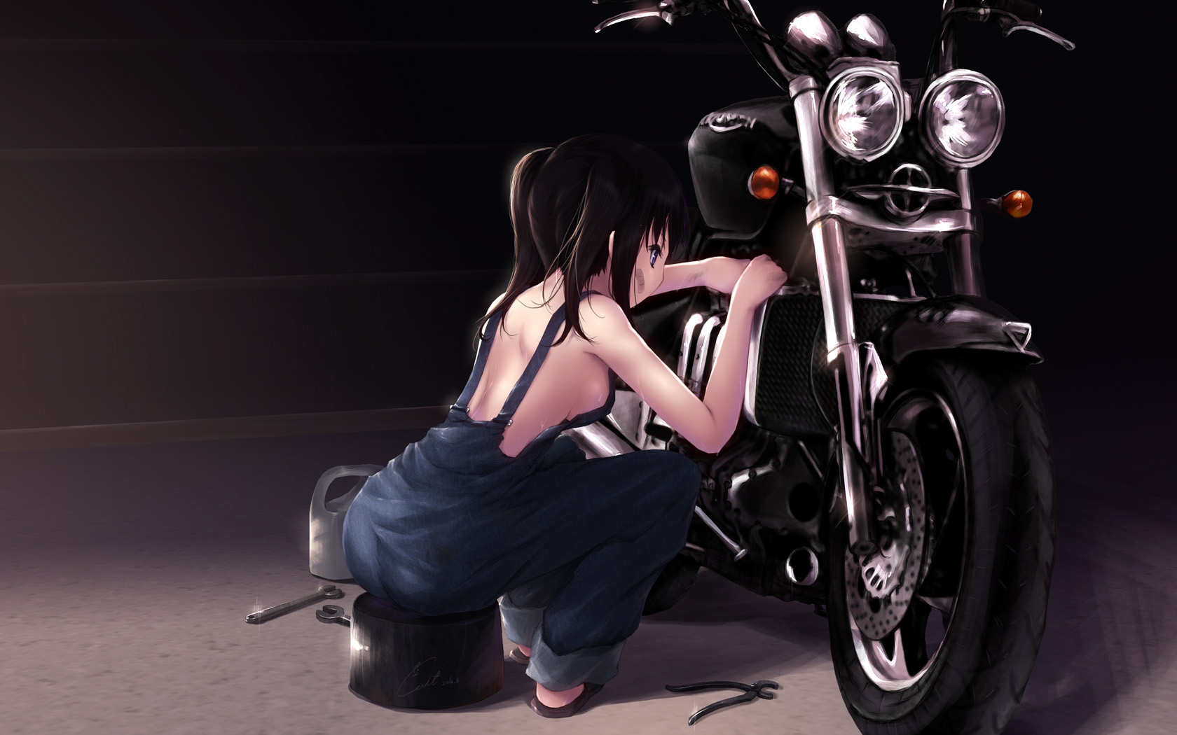 cait aron, original, vehicle, highres, 1girl, ass, bandaid, black hair, blue eyes, breasts, female focus, motor vehicle, motorcycle, naked overalls, overalls, sideboob, sitting, small breasts, solo, sweat, tools, twintails