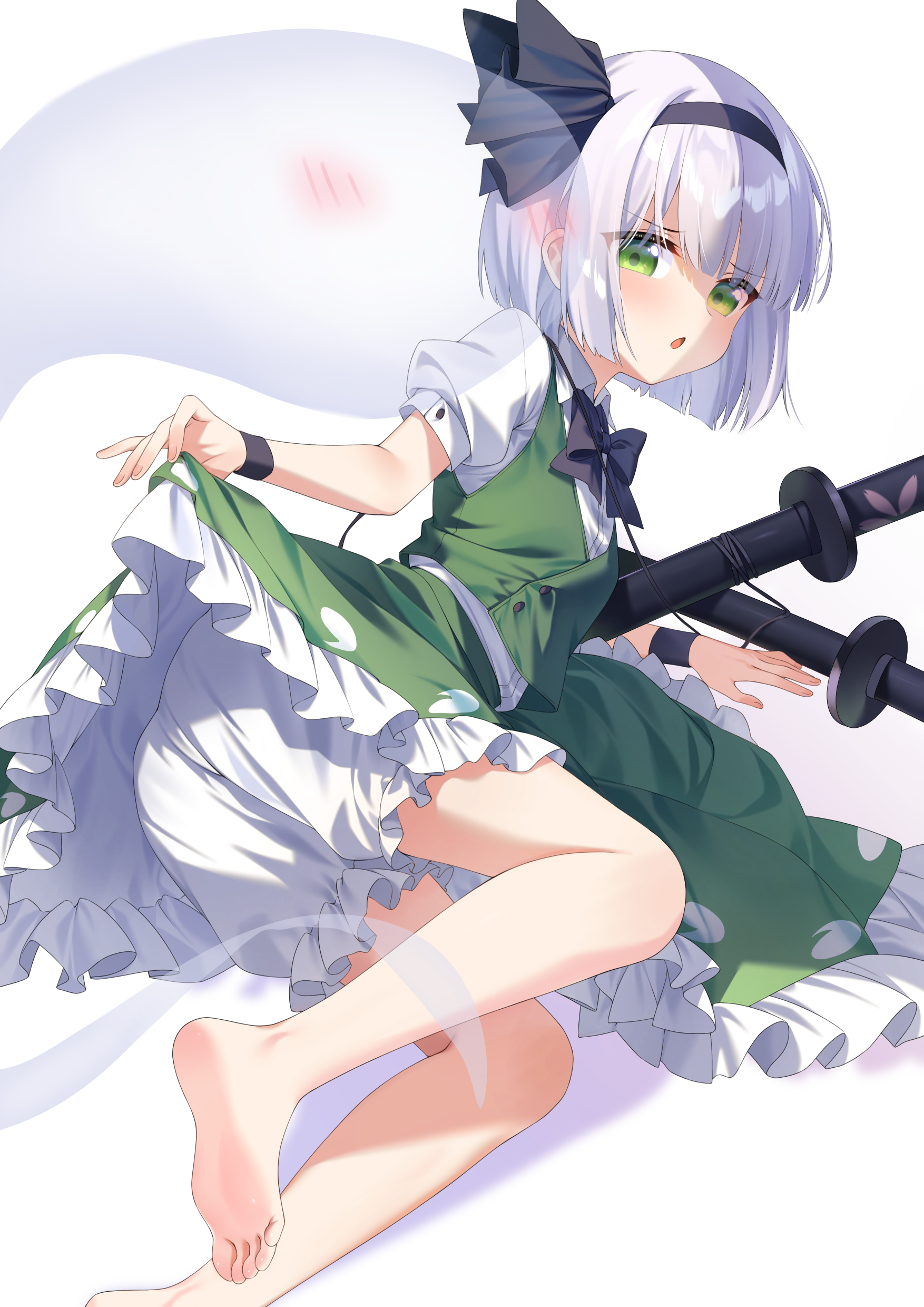poppy (poppykakaka), konpaku youmu, konpaku youmu (ghost), touhou, absurdres, commentary, highres, 1girl, barefoot, black bow, black bowtie, black hairband, bloomers, blush, bow, bowtie, breasts, clothes lift, collared shirt, frilled skirt, frills, green eyes, green skirt, green vest, grey hair, hairband, hitodama, hitodama print, katana, lifting own clothes, looking at viewer, medium hair, open mouth, puffy short sleeves, puffy sleeves, sheath, sheathed, shirt, short sleeves, simple background, skirt, skirt lift, skirt set, small breasts, solo, sword, toes, underwear, vest, weapon, white background, white bloomers, white shirt