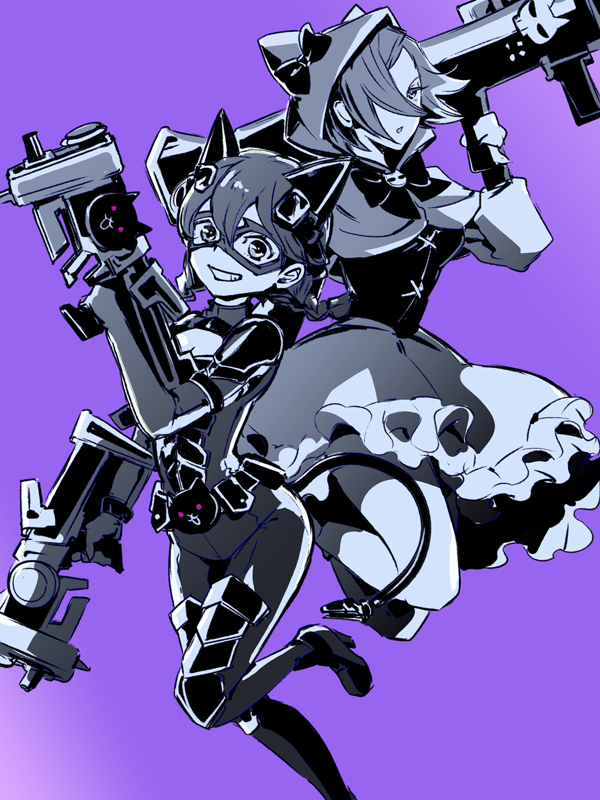 elico nya, black cat (nyanko daisensou), minya (nyanko daisensou), nyanko daisensou, commentary request, 2girls, animal ears, bodysuit, bow, cat ears, cosplay, costume switch, domino mask, dual wielding, eye mask, greyscale with colored background, grin, gun, hair between eyes, holding, hood, hood up, looking at viewer, m1 bazooka, mask, multiple girls, purple background, rocket launcher, simple background, smile, weapon