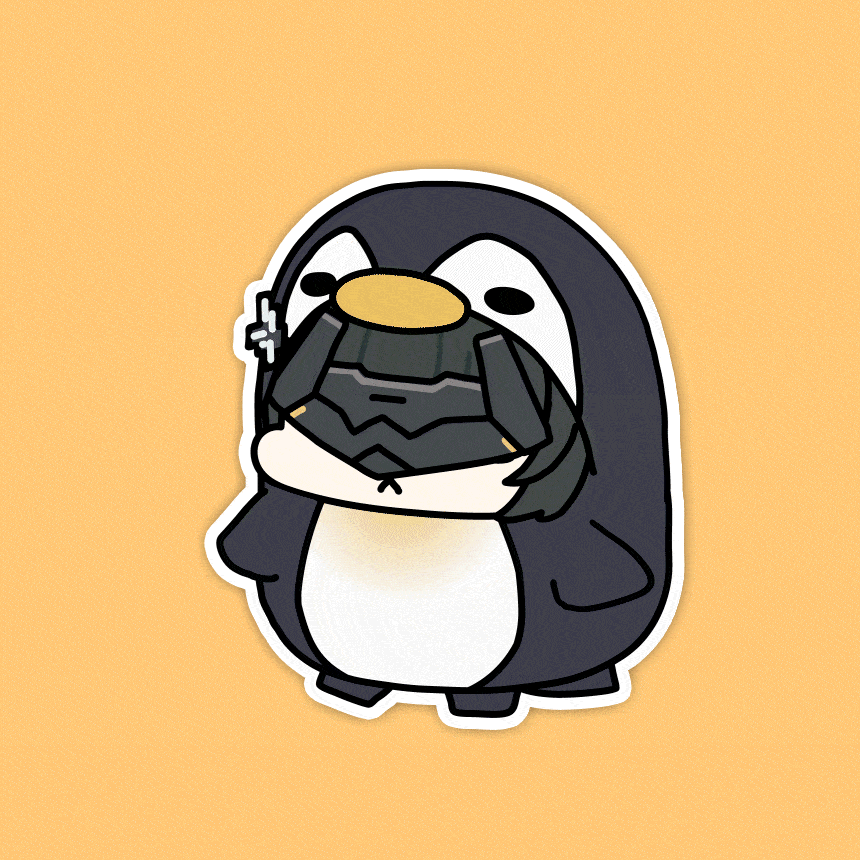 sechi (sechihyeo), endministrator (arknights), female endministrator (arknights), arknights, arknights: endfield, animated, animated gif, commentary, symbol-only commentary, 1girl, :<, animal costume, black hair, chibi, chibi only, mask, penguin costume, short hair, solo, yellow background