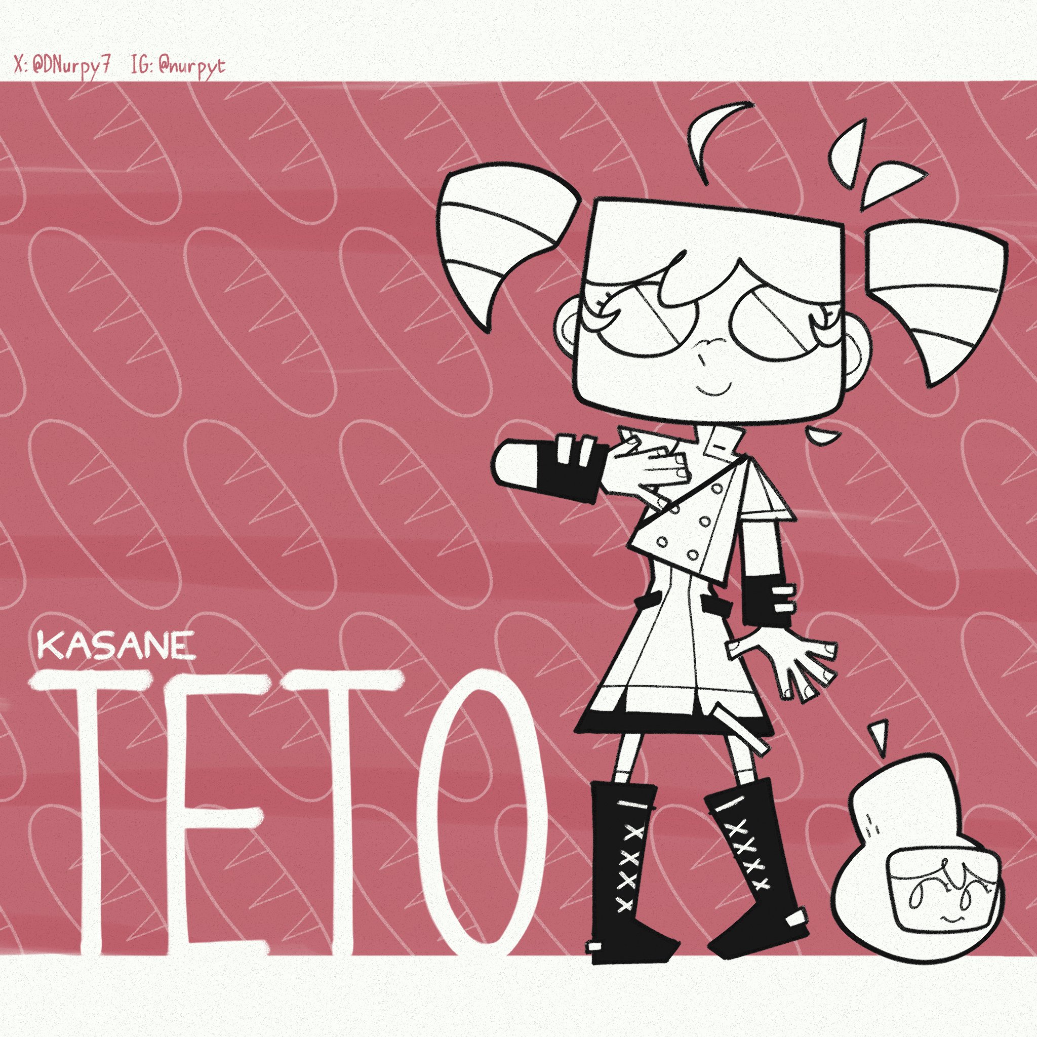 kasane teto, kasane teto (sv), pearto, synthesizer v, utau, commentary, highres, 1girl, ahoge, boots, bread, buttons, cartoonized, character name, detached ahoge, detached hair, dnurpy7, double-breasted, dress, food, food-themed background, full body, hair between eyes, heel up, instagram username, lace-up boots, letterboxed, loaf of bread, nose, red background, short hair, smile, standing, toon (style), twitter username