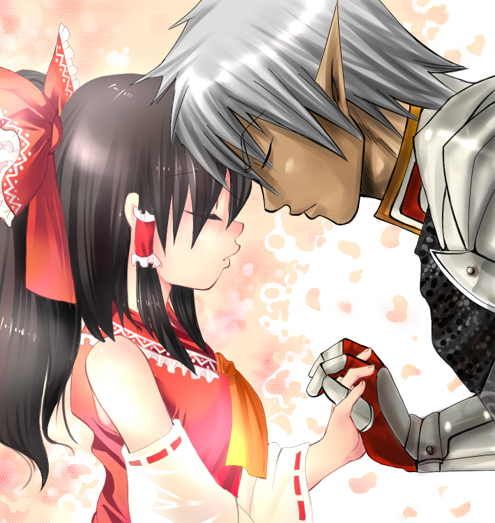 nagare, buront, hakurei reimu, final fantasy, final fantasy xi, the iron of yin and yang, touhou, 00s, 1boy, 1girl, armor, black hair, bow, closed eyes, couple, crossover, dark-skinned male, dark skin, detached sleeves, face-to-face, forehead-to-forehead, grey hair, hair bow, heads together, hetero, holding hands, japanese clothes, long hair, miko, pointy ears