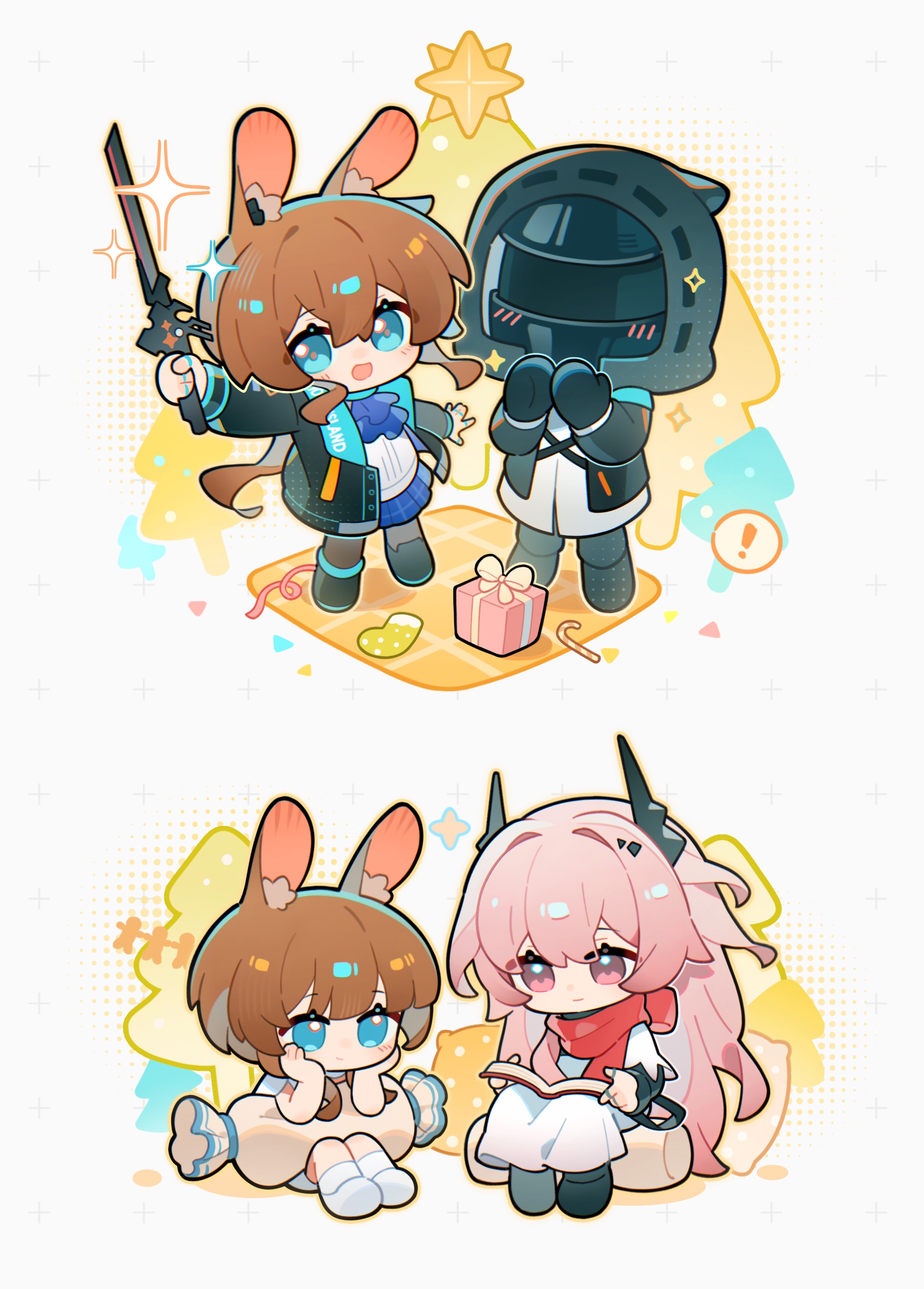 amiya (arknights), amiya (young) (arknights), doctor (arknights), theresa (arknights), arknights, absurdres, chinese commentary, commentary request, highres, 1other, 2girls, animal ears, ascot, black horns, black jacket, black shoes, blue ascot, blue eyes, book, box, brown hair, chibi, chibi only, closed mouth, dress, fang kucha zi, full body, gift, gift box, hair between eyes, hands on own cheeks, hands on own face, holding, holding book, holding sword, holding weapon, hood, hood up, hooded jacket, horns, jacket, long hair, long sleeves, looking at viewer, multiple girls, open book, pillow, pink eyes, pink hair, ponytail, rabbit ears, rabbit girl, reading, red scarf, scarf, shoes, sitting, smile, sparkle, sword, tree, weapon, white dress