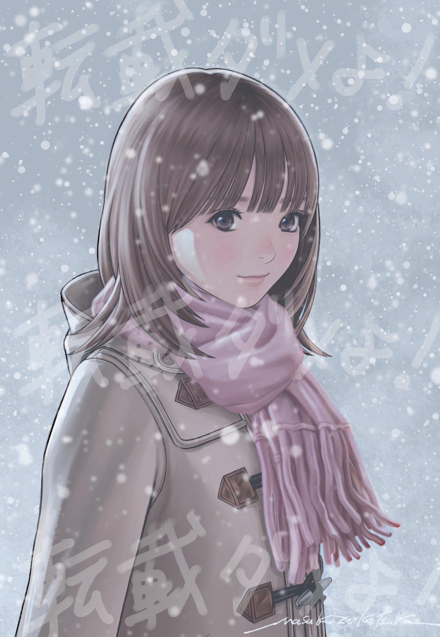 katsura masakazu, yoshizuki iori, i"s, commentary request, highres, official art, 1girl, brown eyes, brown hair, closed mouth, coat, lips, long hair, looking at viewer, scarf, signature, smile, snowing, solo, winter clothes, winter coat