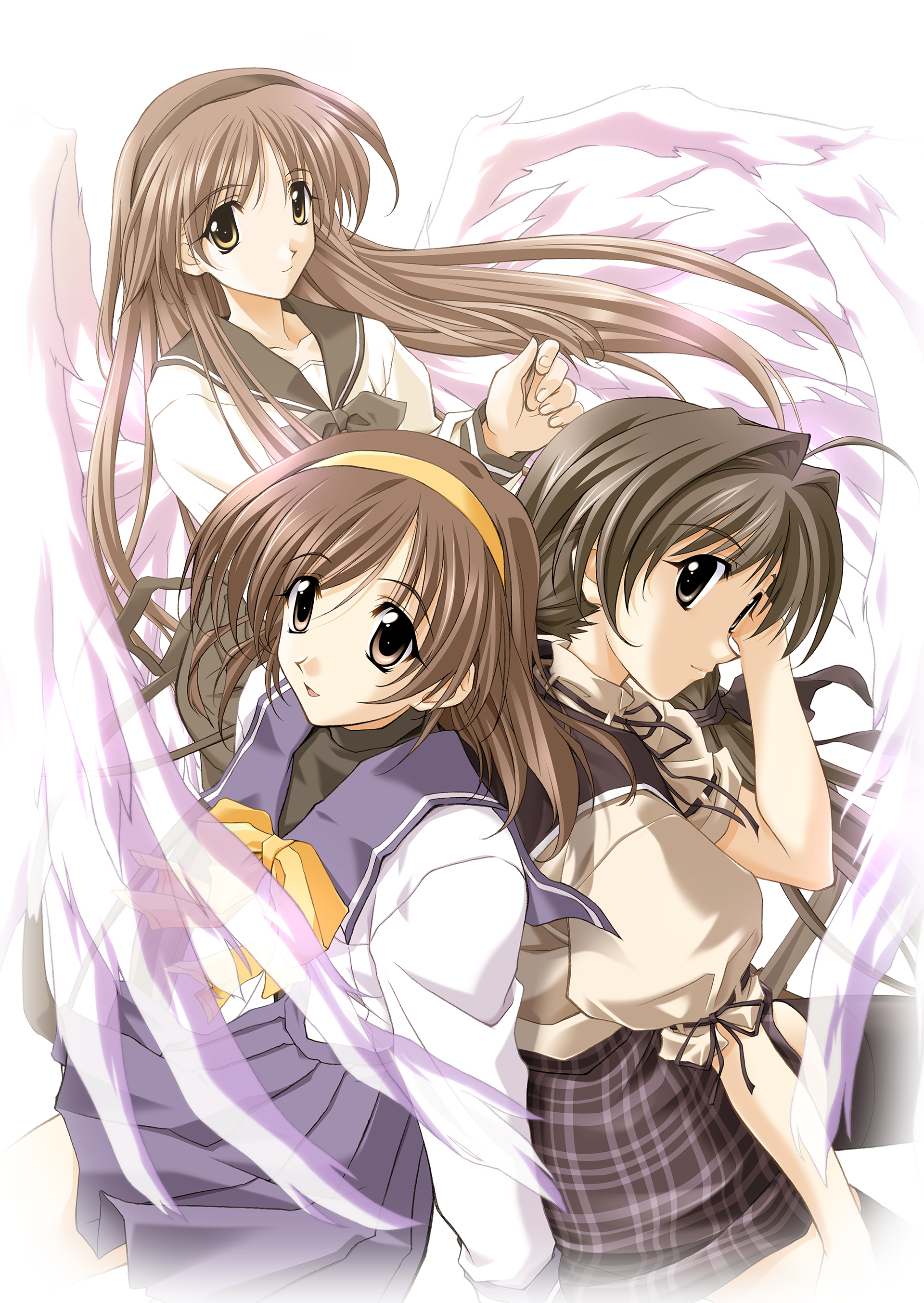 hizuki ayaka, imasaka yue, shirakawa hotaru, memories off, memories off 2nd, absurdres, highres, non-web source, official art, black bow, black hairband, bow, bowtie, brown hair, hairband, long hair, looking at viewer, memories off 1, school uniform, turtleneck, wings, yellow bow, yellow bowtie, yellow hairband