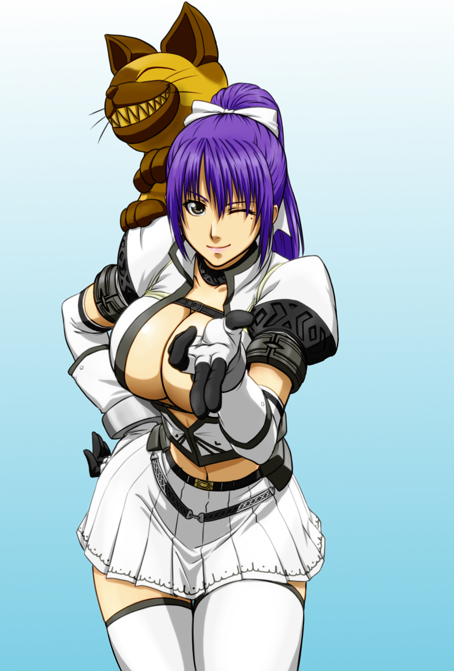 akimaru, yf-19-2excalibur, felyne, capcom, monster hunter (series), monster hunter frontier, highres, md5 mismatch, 1girl, ^ ^, belt, black eyes, breasts, carrying, cat, choker, cleavage, closed eyes, crop top, elbow gloves, gloves, grin, hair ribbon, hand on own hip, harvest (armor), hip focus, huge breasts, large breasts, leaning forward, lipstick, long hair, makeup, midriff, mole, mole under eye, naughty face, navel, no bra, one eye closed, open clothes, open shirt, outstretched hand, parted bangs, pleated skirt, pointing, ponytail, purple eyes, purple hair, ribbon, shirt, shoulder carry, simple background, skirt, smile, standing, thigh gap, thighhighs, thighs, whiskers, white thighhighs, wink, zettai ryouiki
