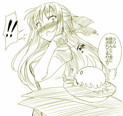 dr.p, cyrille (shining force exa), shining (series), shining force exa, lowres, 1girl, ?, blush, bow, dress, earrings, greyscale, hair bow, jewelry, long hair, long sleeves, looking at viewer, monochrome, open mouth, simple background, sweatdrop, white background