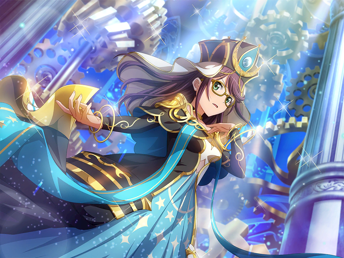 hoshimi junna, shoujo kageki revue starlight, shoujo kageki revue starlight -re live-, game cg, official art, 1girl, black dress, black hat, breasts, dress, dutch angle, gears, glasses, green eyes, hair down, hand on own chest, hat, jewelry, long hair, long sleeves, looking at viewer, medium breasts, outstretched arm, parted lips, pillar, purple hair, sidelocks, solo, standing, tarot, the high priestess (tarot), upper body, v-shaped eyebrows