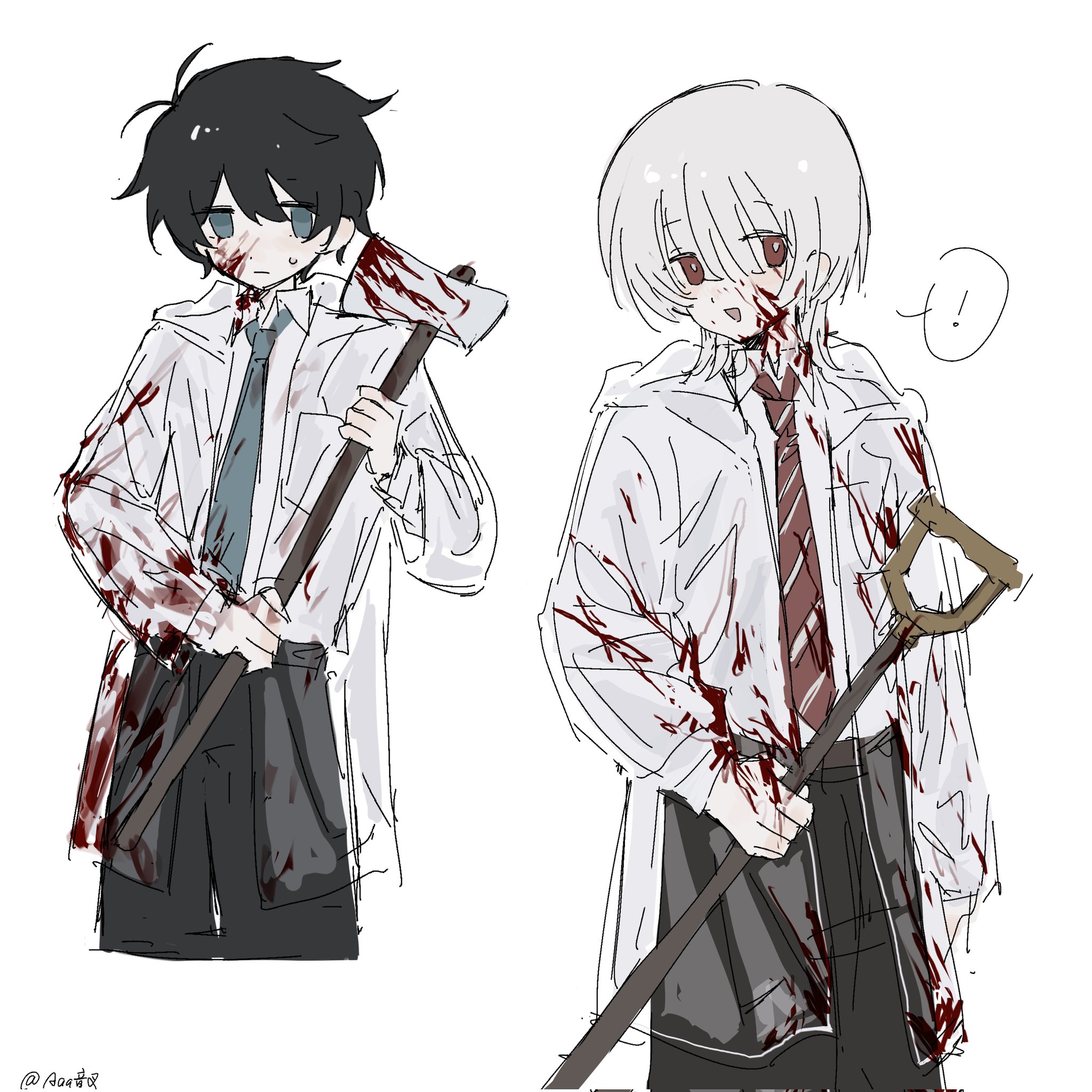 akinashi haru, tatsunami shion, saihate eki, commentary request, highres, 2boys, axe, black hair, blood, blood on axe, blood on clothes, blood on face, blue necktie, coat, cowboy shot, guzi15613491, holding, holding axe, holding shovel, male focus, multiple boys, necktie, open clothes, open coat, pants, raincoat, red eyes, red necktie, see-through clothes, see-through raincoat, short hair, shovel, simple background, white background, white hair