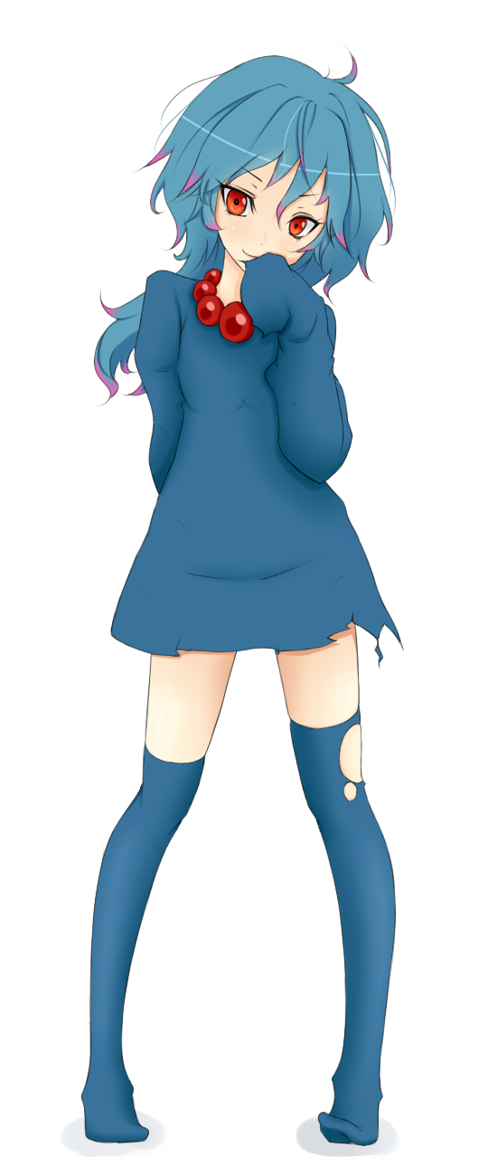 emukon, misdreavus, nintendo, pokemon, costume, bad id, bad pixiv id, highres, 1girl, blue hair, dress, female focus, gen 2 pokemon, jewelry, legs, long sleeves, multicolored hair, necklace, personification, red eyes, smile, solo, thighhighs, torn clothes, torn thighhighs, two-tone hair
