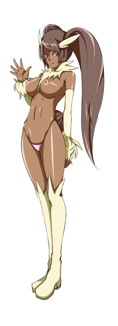 emukon, lopunny, nintendo, pokemon, bad id, bad pixiv id, long image, tall image, 1girl, boots, breasts, dark-skinned female, dark skin, detached sleeves, female focus, gen 4 pokemon, highleg, highleg panties, knee boots, large breasts, long hair, nipples, panties, personification, red eyes, solo, topless female, twintails, underwear