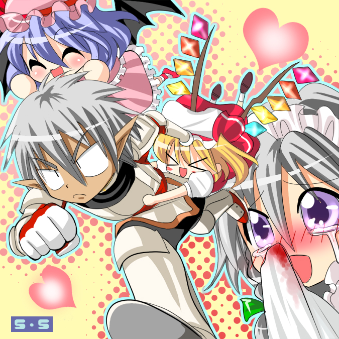 nagare, buront, flandre scarlet, izayoi sakuya, remilia scarlet, final fantasy, final fantasy xi, the iron of yin and yang, touhou, > <, 00s, 1boy, 3girls, blonde hair, blood, blue hair, blush, closed eyes, dark skin, grey hair, hat, heart, maid, multiple girls, nosebleed, open mouth, pointy ears, purple eyes, tissue, wings