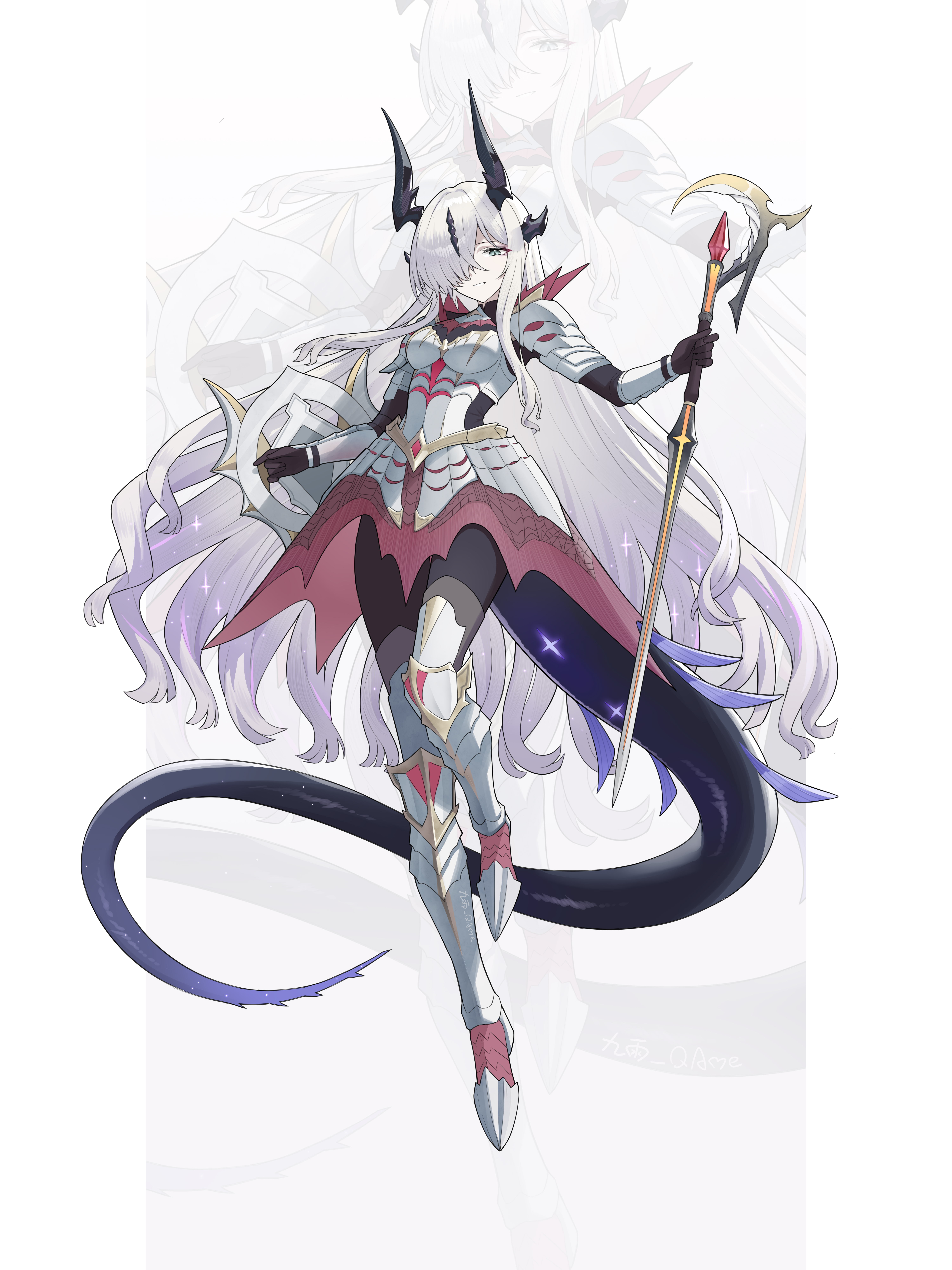 jiuyu qame, necrass (arknights), arknights, monster hunter (series), absurdres, chinese commentary, commentary request, highres, 1girl, alternate costume, armor, armored boots, armored dress, artist name, black gloves, black horns, black pantyhose, black tail, boots, dress, floating, full body, gloves, green eyes, hair over one eye, holding, holding shield, holding sword, holding weapon, horns, light particles, long hair, looking at viewer, multicolored hair, one eye covered, pantyhose, pink dress, pink hair, purple tail, shield, smile, solo, streaked hair, sword, tail, thigh boots, vambraces, very long hair, weapon, white boots, white dress, white hair, zoom layer