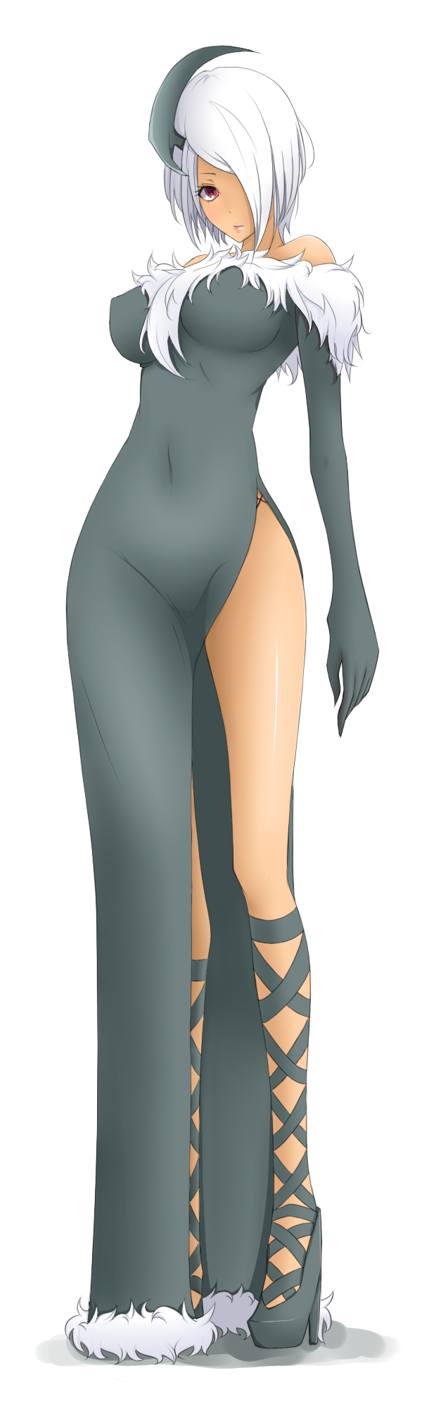 emukon, absol, nintendo, pokemon, cross-laced footwear, bad id, bad pixiv id, highres, long image, tall image, 1girl, bare shoulders, breasts, dress, elbow gloves, female focus, full body, gen 3 pokemon, gloves, hair over one eye, high heels, large breasts, legs, long legs, looking at viewer, no panties, personification, pink eyes, platform shoes, shoes, short hair, side slit, simple background, solo, standing, thighs, white background, white hair