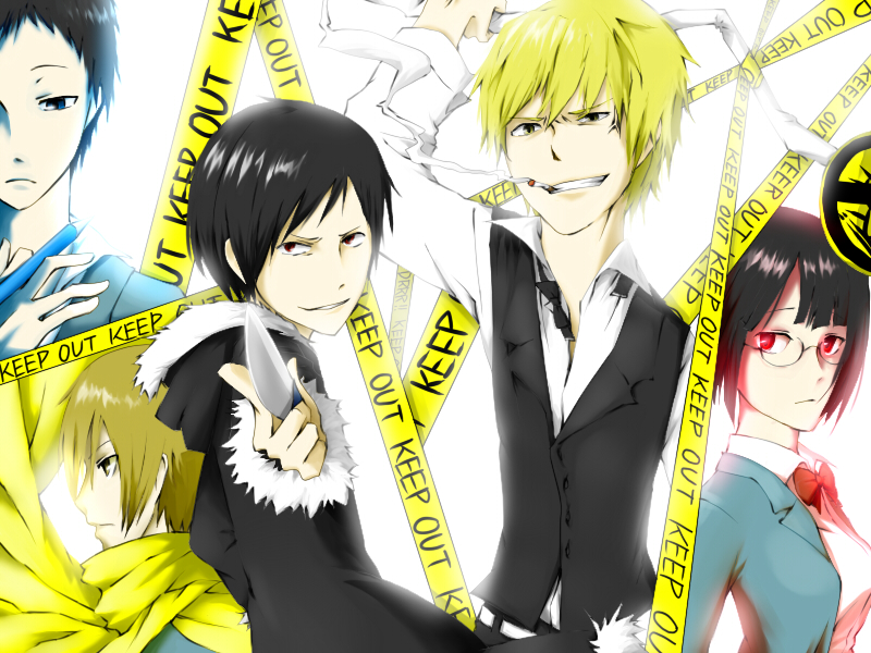 heiwajima shizuo, kida masaomi, orihara izaya, ryuugamine mikado, sonohara anri, durarara!!, bad id, bad pixiv id, 1girl, 4boys, black hair, blonde hair, blue eyes, bow, bowtie, caution tape, cigarette, glasses, knife, multiple boys, red eyes, scarf, school uniform, sign, tuxedo, vest, yellow eyes