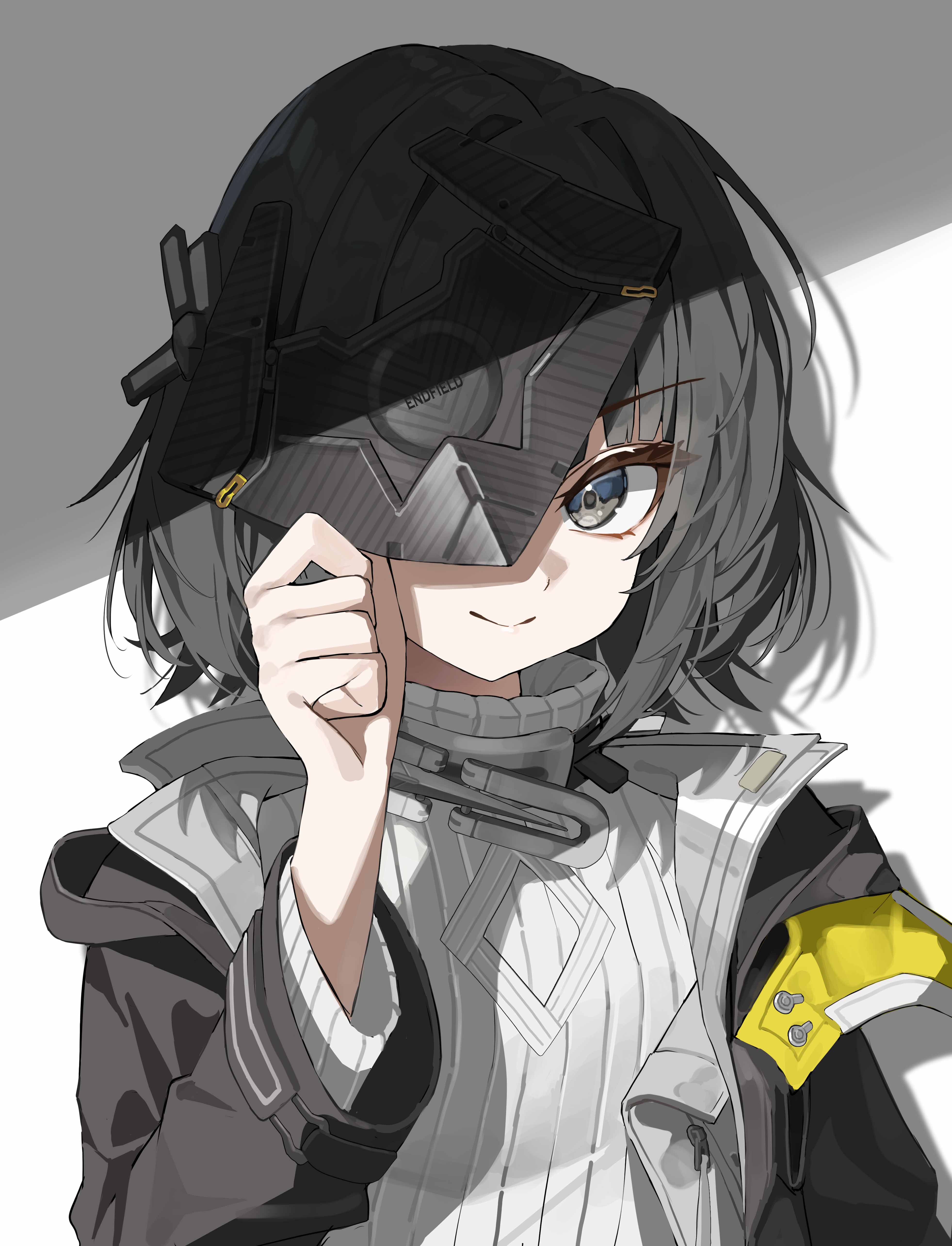 krux (k krux), endministrator (arknights), female endministrator (arknights), arknights, arknights: endfield, absurdres, commentary, highres, 1girl, black eyes, black hair, black jacket, closed mouth, grey sweater, holding, jacket, long sleeves, looking at viewer, one eye covered, ribbed sweater, short hair, smile, solo, sweater, turtleneck, turtleneck sweater, upper body