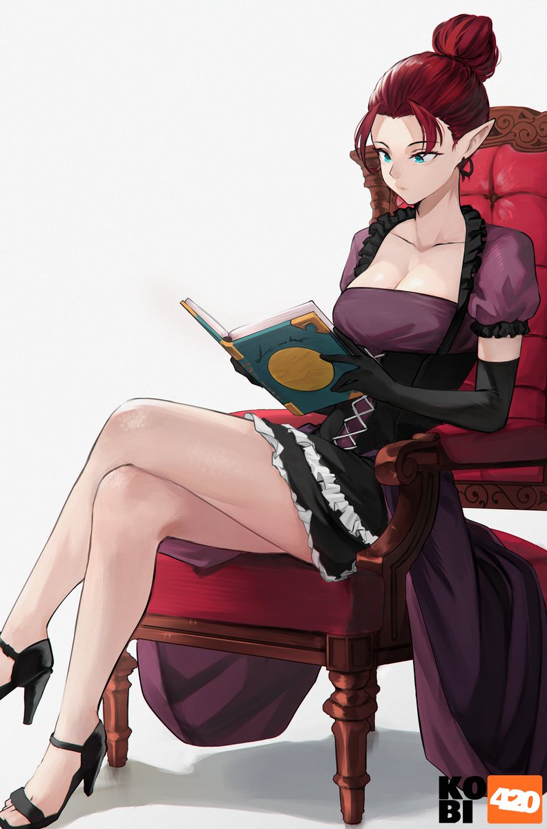 kobi420, original, commentary, commission, english commentary, highres, 1girl, aqua eyes, artist logo, artist name, black gloves, black shoes, black skirt, book, borrowed character, breasts, chair, cleavage, collarbone, crossed legs, dress, earrings, elbow gloves, foot out of frame, frilled dress, frilled skirt, frills, gloves, hair bun, holding, holding book, jewelry, large breasts, logo, looking at object, looking down, on chair, open-toe shoes, open book, pointy ears, puffy short sleeves, puffy sleeves, purple dress, reading, red hair, shadow, shoes, short hair, short sleeves, simple background, sitting, skirt, solo, white background