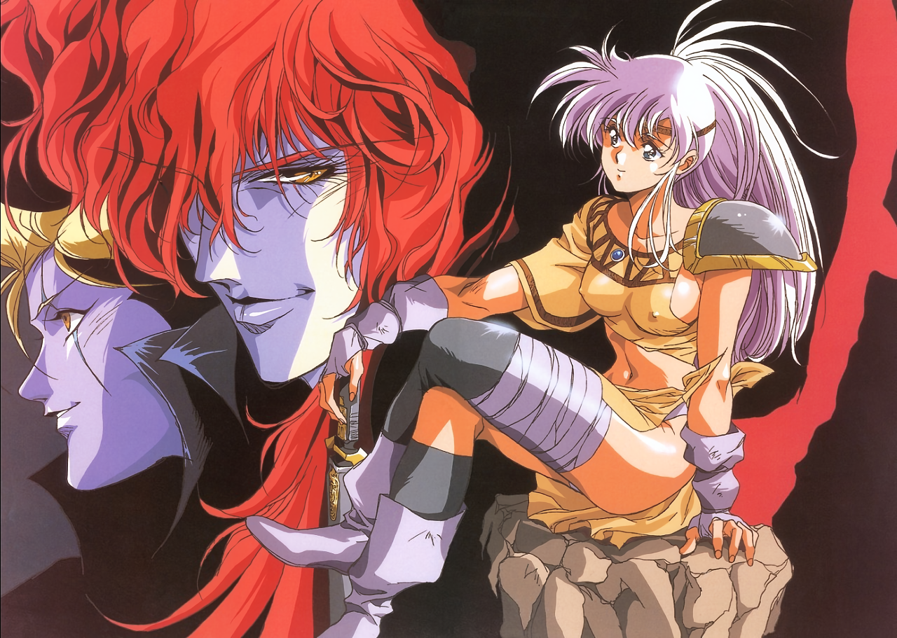 urushihara satoshi, lemnear, legend of lemnear, non-web source, official art, 1990s (style), 1girl, 2boys, armor, asymmetrical clothes, bandaged leg, bandages, blonde hair, blue eyes, boots, covered erect nipples, crossed legs, eyelashes, fingerless gloves, gloves, grey boots, grey gloves, grey hair, holding, holding sword, holding weapon, long hair, maid headdress, multiple boys, navel, on rock, parted lips, pauldrons, planted, planted sword, planted weapon, red hair, retro artstyle, shiny skin, shoulder armor, single pauldron, sitting, smile, sword, weapon, yellow eyes