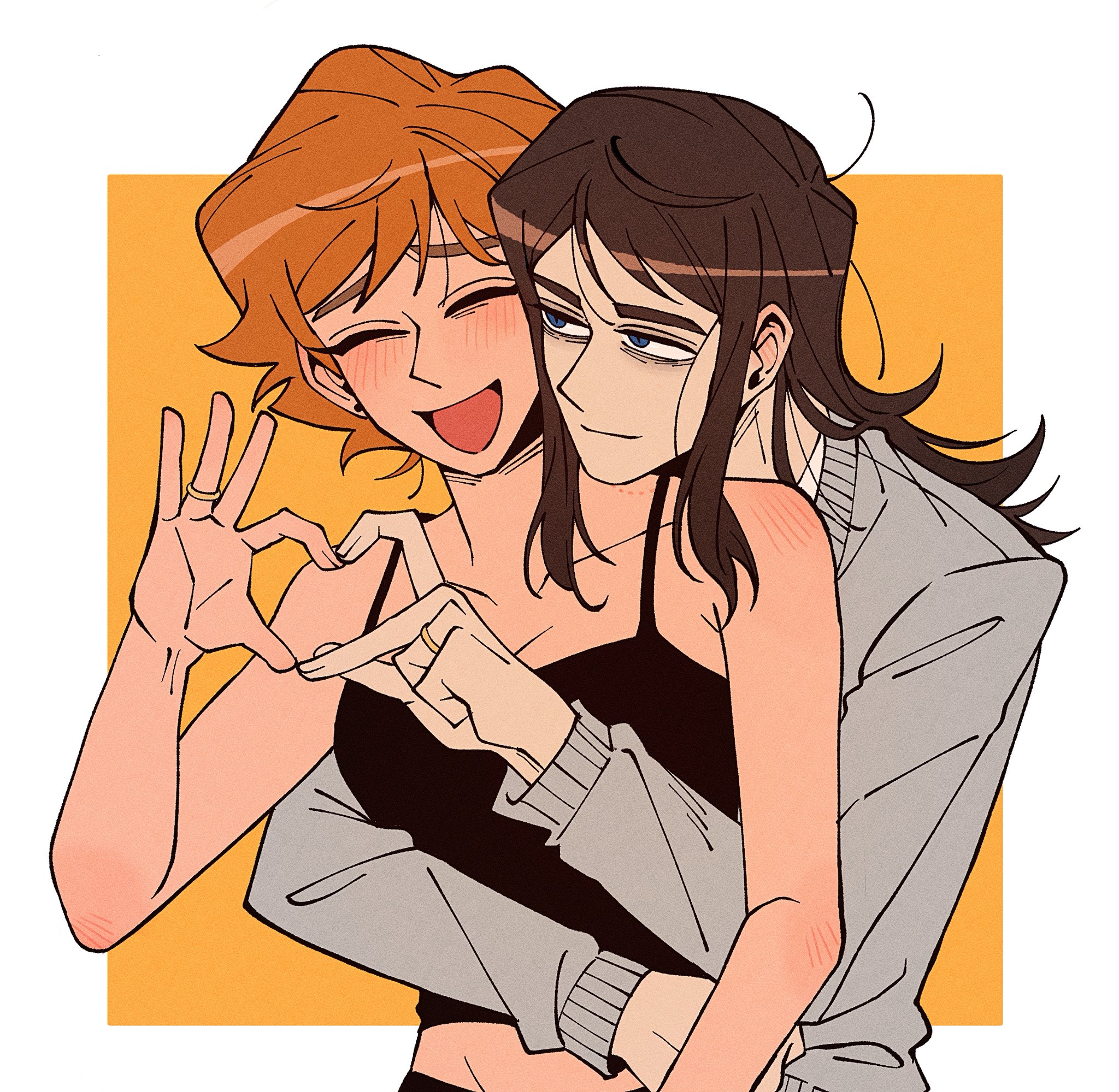 insidej043, abaddon (haunted hotel), esther freeling, haunted hotel, highres, 1boy, 1girl, aged up, bite mark, bite mark on shoulder, black camisole, blue eyes, brown hair, camisole, grey sweater, heart, heart hands, heart hands duo, hug, hug from behind, jewelry, long hair, looking at another, orange background, orange hair, ring, short hair, simple background, slit pupils, sweater, upper body