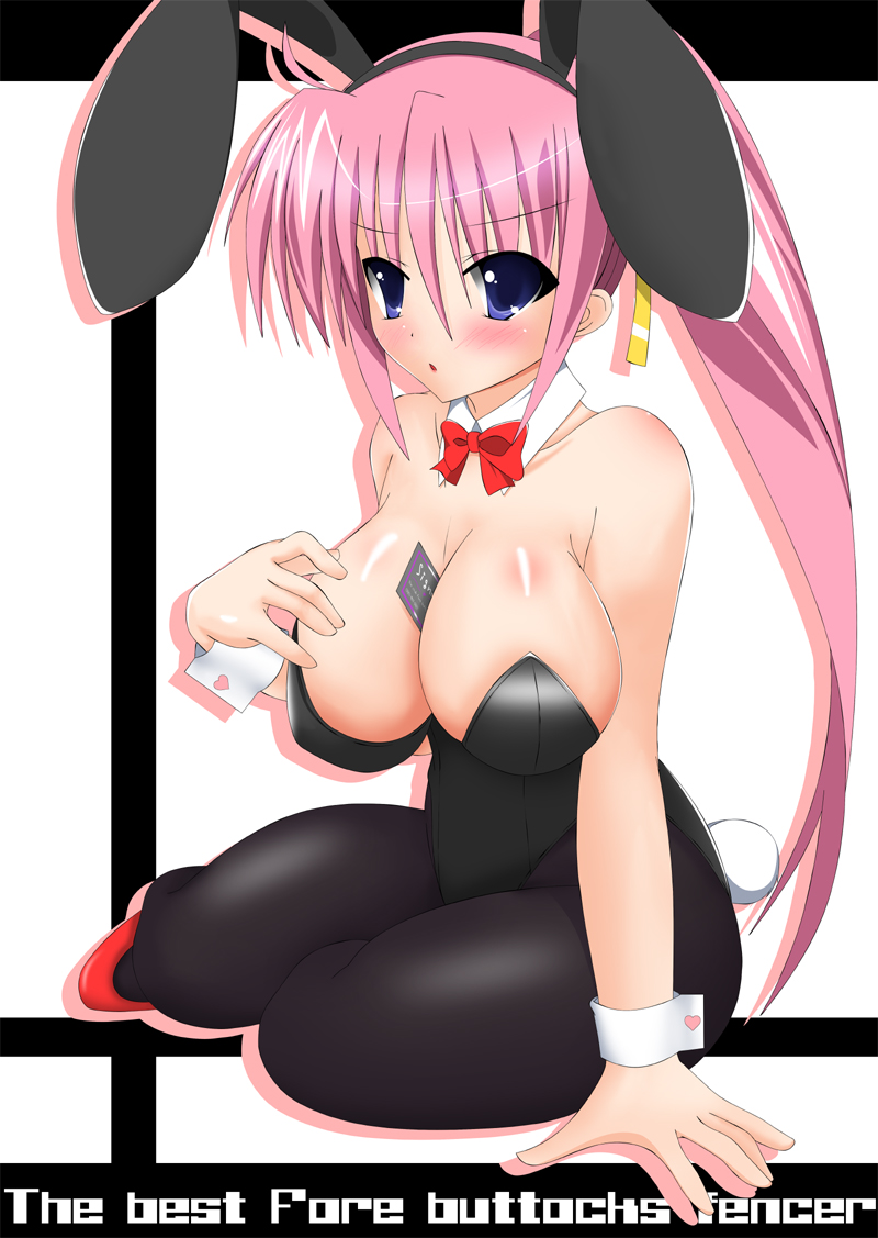 kannagi tsukasa, signum, lyrical nanoha, mahou shoujo lyrical nanoha, bad id, bad pixiv id, 00s, 1girl, animal ears, between breasts, blue eyes, breasts, card, card between breasts, english text, engrish text, fake animal ears, female focus, large breasts, long hair, pantyhose, pink hair, playboy bunny, ponytail, rabbit ears, ranguage, solo