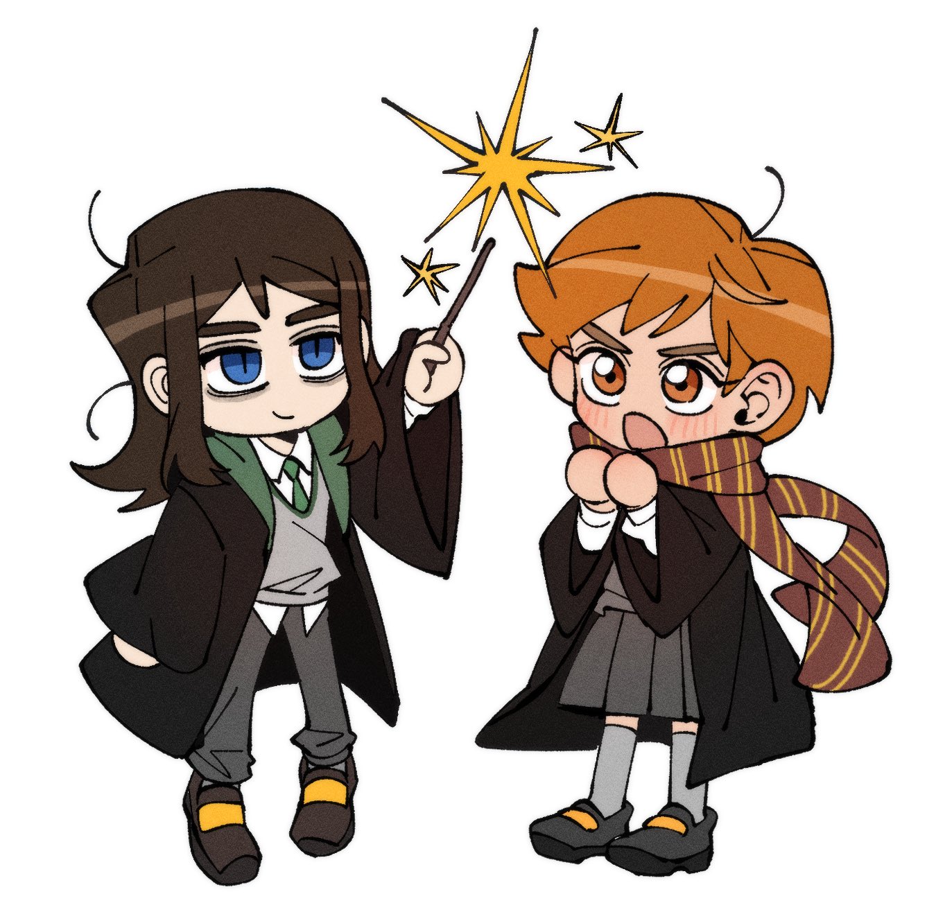 insidej043, abaddon (haunted hotel), esther freeling, harry potter (series), haunted hotel, wizarding world, commentary, english commentary, highres, 1boy, 1girl, blue eyes, brown hair, chibi, gryffindor, hogwarts school uniform, holding, holding wand, long hair, magic, orange eyes, orange hair, scarf, school uniform, short hair, simple background, skirt, slit pupils, slytherin, standing, wand, white background