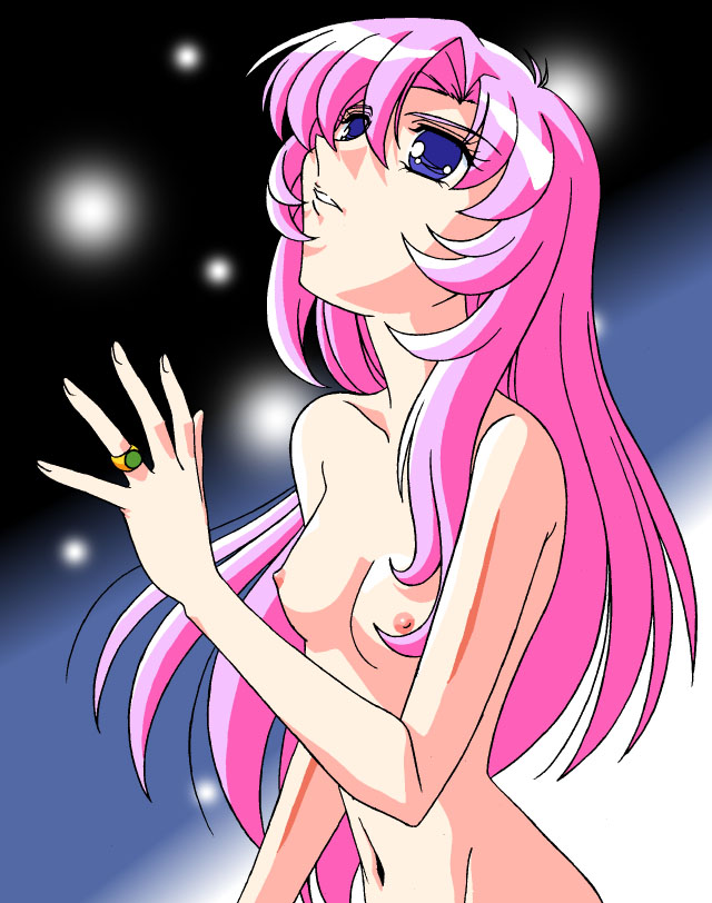 tenjou utena, shoujo kakumei utena, 1990s (style), breasts, jewelry, looking up, nipples, nude, pink hair, ring