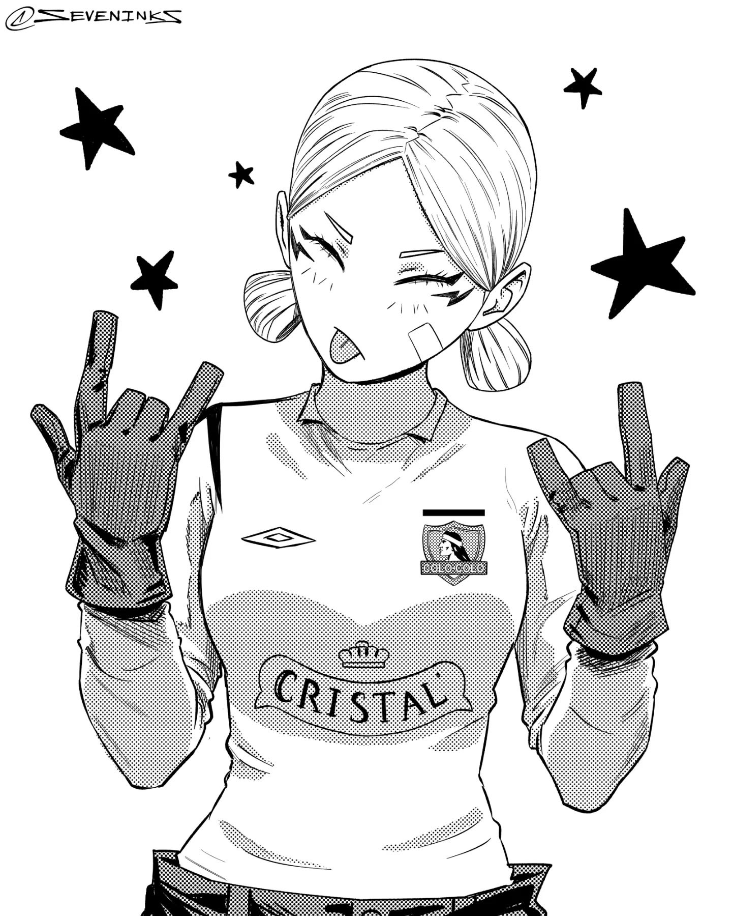 seveninks, original, commentary request, highres, 1girl, m/, breasts, cerveza cristal, closed eyes, colo colo, double m/, facial tattoo, gloves, greyscale, instagram username, long sleeves, low twintails, medium breasts, monochrome, shirt, solo, spanish commentary, star (symbol), tattoo, tongue, tongue out, twintails, upper body