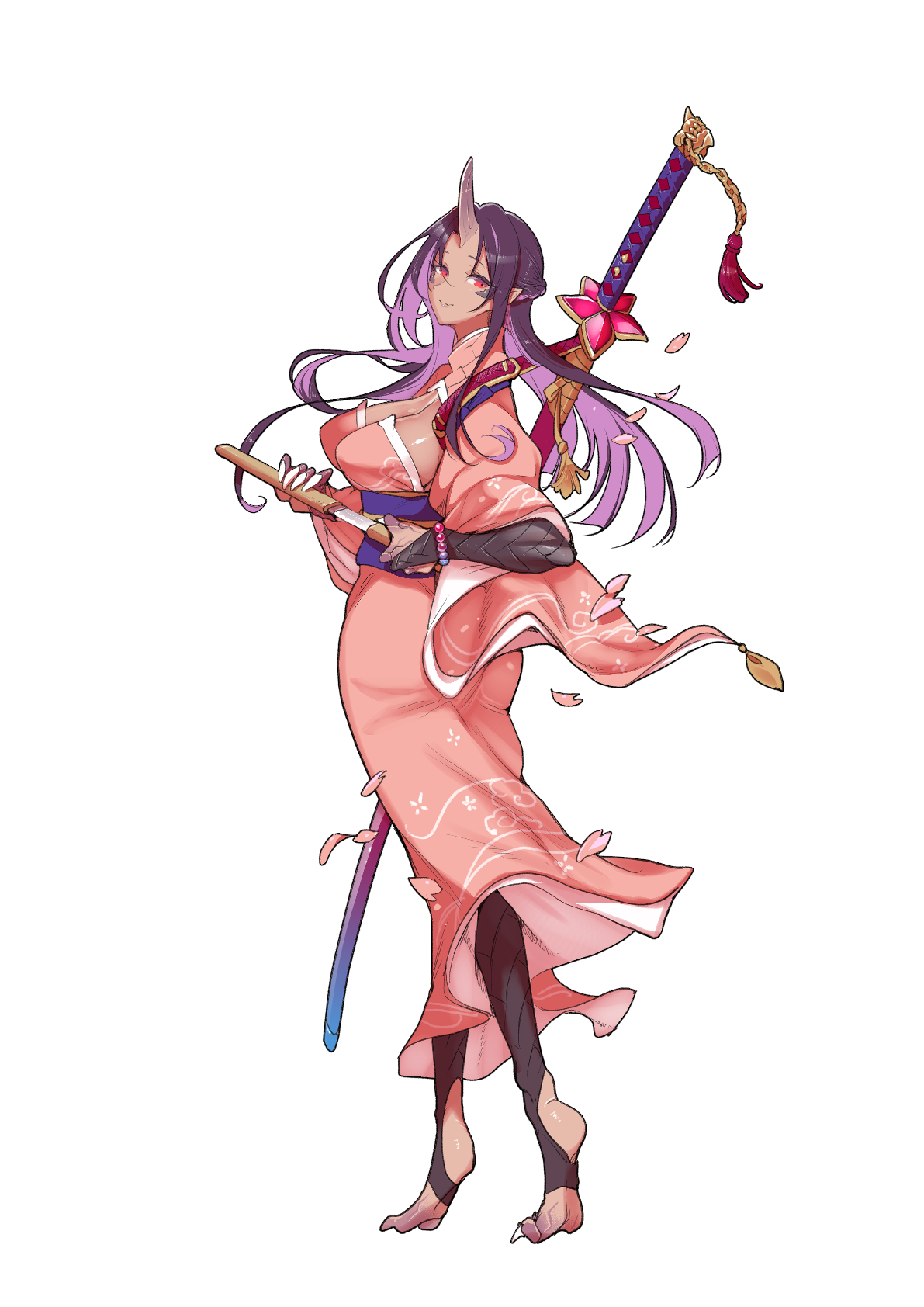 z-ton, character request, commentary request, highres, 1girl, black hair, breasts, closed mouth, colored inner hair, ether glider, holding, holding sword, holding weapon, horns, japanese clothes, kimono, multicolored hair, petals, pink kimono, pink petals, purple hair, red eyes, single horn, smile, solo, stirrup legwear, sword, toeless legwear, weapon, weapon on back, white background