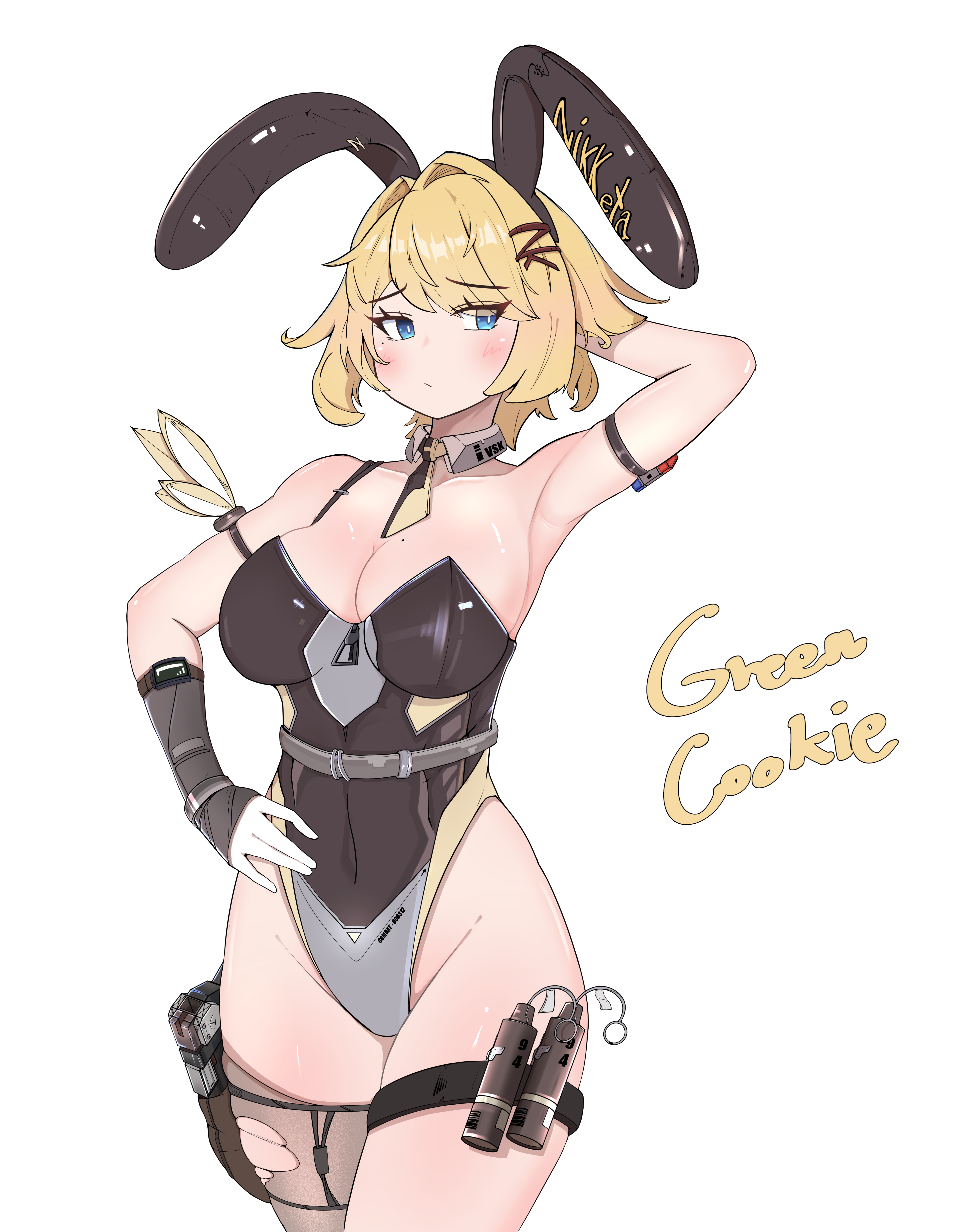 nikketa (girls' frontline 2), vsk-94 (girls' frontline), girls' frontline, girls' frontline 2: exilium, absurdres, commentary, highres, 1girl, alternate costume, animal ear hairband, animal ears, arm strap, arm up, armpits, bare shoulders, black leotard, black sleeves, blonde hair, blue eyes, blush, breasts, cleavage, closed mouth, collarbone, covered navel, cowboy shot, detached collar, detached sleeves, explosive, fake animal ears, gloves, green cookie, grenade, groin, gun, hair intakes, hair ornament, hairband, hairclip, hand on own hip, highleg, highleg leotard, holster, holstered, large breasts, leotard, looking to the side, mole, mole on breast, mole under eye, necktie, playboy bunny, rabbit ear hairband, rabbit ears, short hair, short necktie, sidelocks, signature, simple background, single thighhigh, solo, standing, strapless, strapless leotard, swept bangs, thigh holster, thighhighs, torn clothes, torn thighhighs, weapon, white background, white gloves, yellow necktie