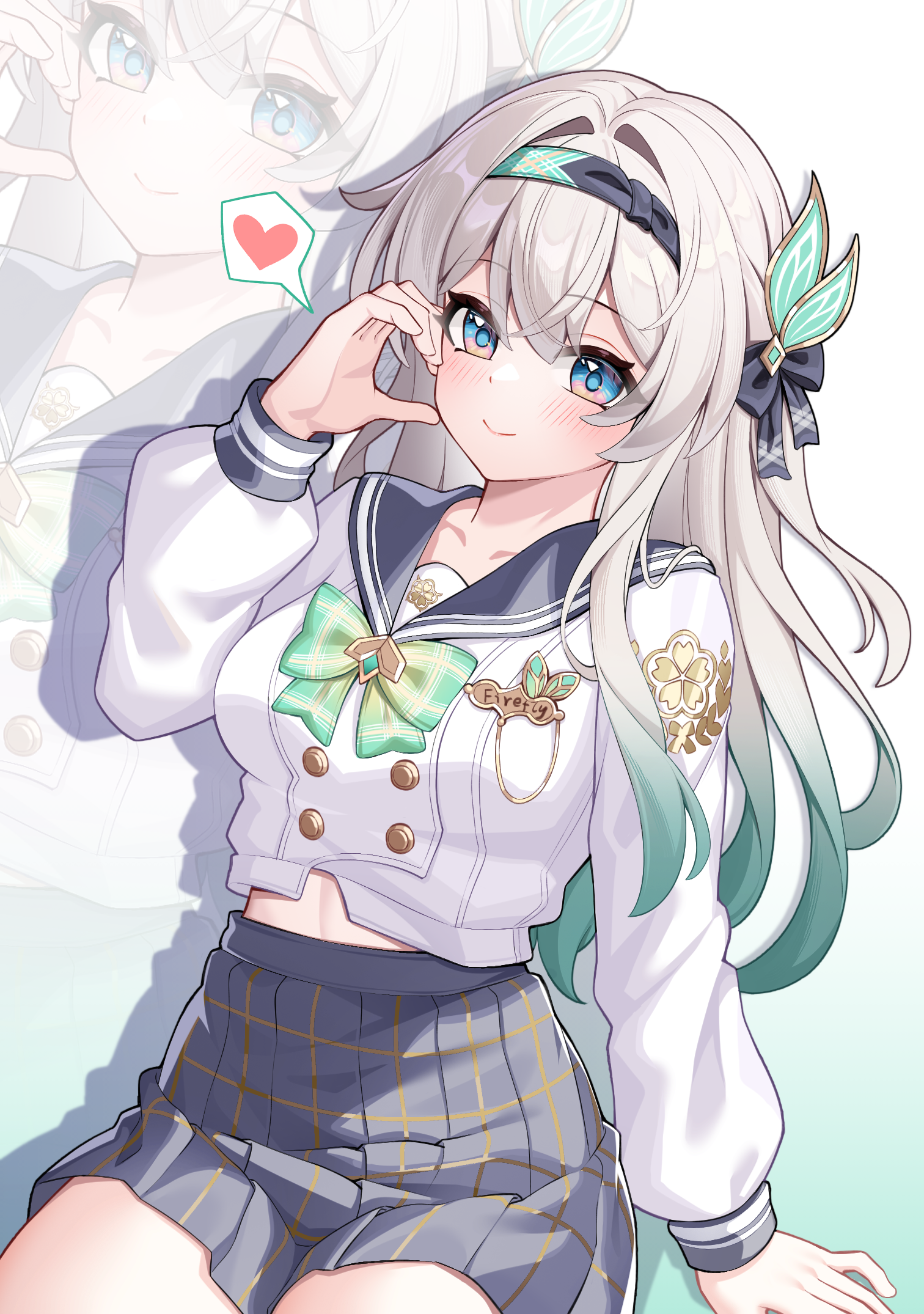 ruochi lk, firefly (honkai: star rail), firefly (spring missive) (honkai: star rail), honkai: star rail, honkai (series), commentary, highres, 1girl, black hairband, blue eyes, blue pupils, bow, bowtie, buttons, collarbone, double-breasted, gradient background, gradient hair, green background, green bow, green bowtie, grey hair, grey sailor collar, grey skirt, hair intakes, hairband, half-heart hands, heart, linea alba, long hair, long sleeves, midriff peek, multicolored eyes, multicolored hair, official alternate costume, plaid bow, plaid bowtie, plaid clothes, plaid skirt, pleated skirt, purple eyes, sailor collar, shirt, sitting, skirt, smile, spoken heart, two-tone eyes, two-tone hair, white background, white shirt, zoom layer