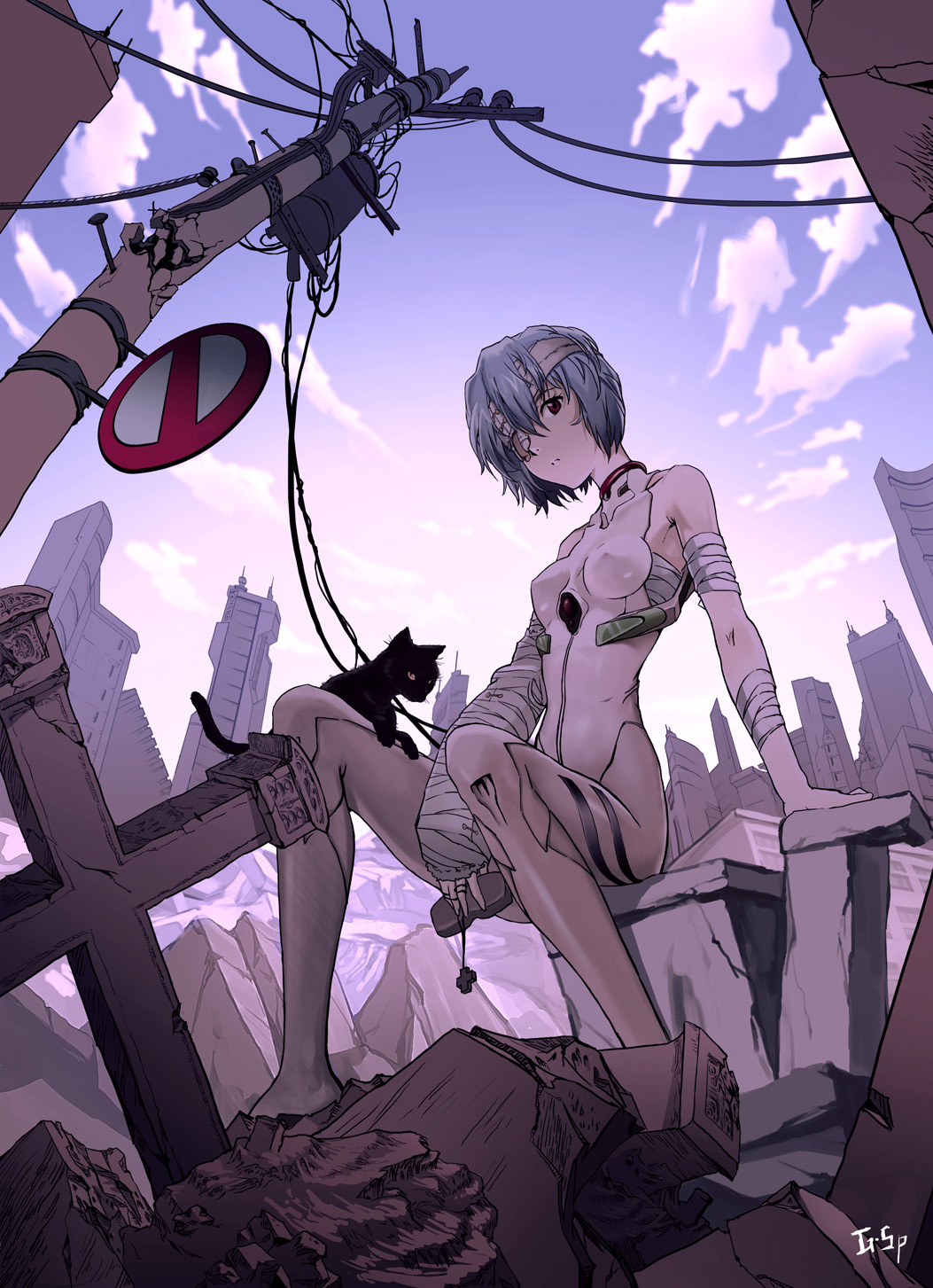as109, ayanami rei, neon genesis evangelion, bad id, bad pixiv id, highres, 1girl, bandage over one eye, bandages, blue hair, bodysuit, breasts, building, cross, female focus, fisheye, head tilt, looking at viewer, mecha pilot suit, plugsuit (evangelion), power lines, red eyes, road sign, rubble, ruins, short hair, sign, skyscraper, small breasts, solo