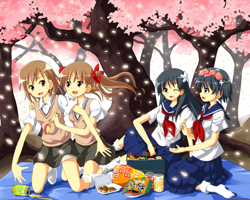 ruu (tksymkw), misaka mikoto, saten ruiko, shirai kuroko, uiharu kazari, toaru kagaku no railgun, toaru majutsu no index, 4girls, black hair, blue eyes, brown eyes, brown hair, can, cherry blossoms, drink can, flower, food, hair flower, hair ornament, hanami, head wreath, long hair, multiple girls, one eye closed, picnic, school uniform, serafuku, short hair, soda can, sweater vest, takoyaki, twintails, wink