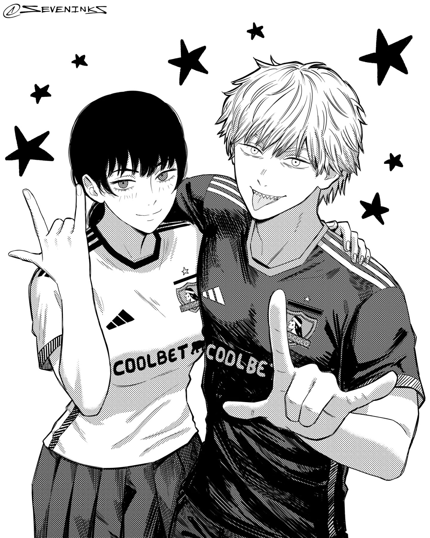 seveninks, denji (chainsaw man), mitaka asa, adidas, chainsaw man, commentary request, highres, 1boy, 1girl, arm around shoulder, colo colo, coolbet, greyscale, instagram username, monochrome, pleated skirt, ponytail, sharp teeth, shirt, skirt, smile, soccer uniform, spanish commentary, sportswear, star (symbol), t-shirt, teeth, tongue, tongue out