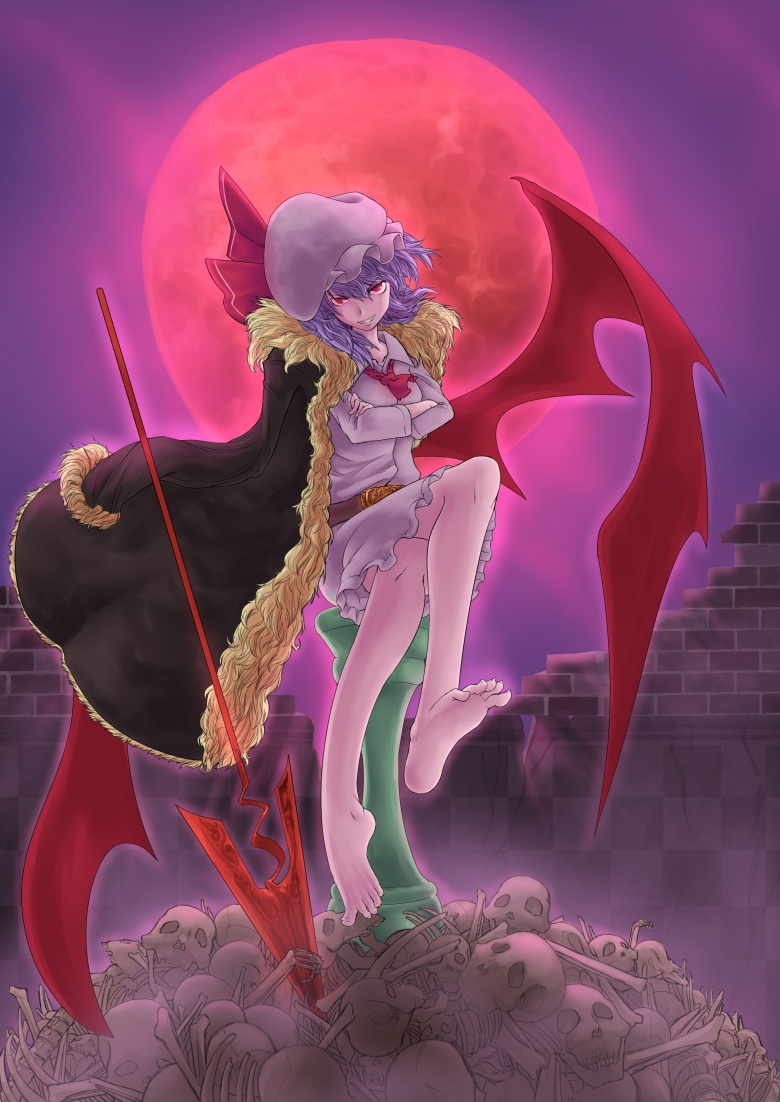 toritora, remilia scarlet, touhou, 1girl, bad feet, feet, female focus, full body, moon, outdoors, sky, solo, spear the gungnir