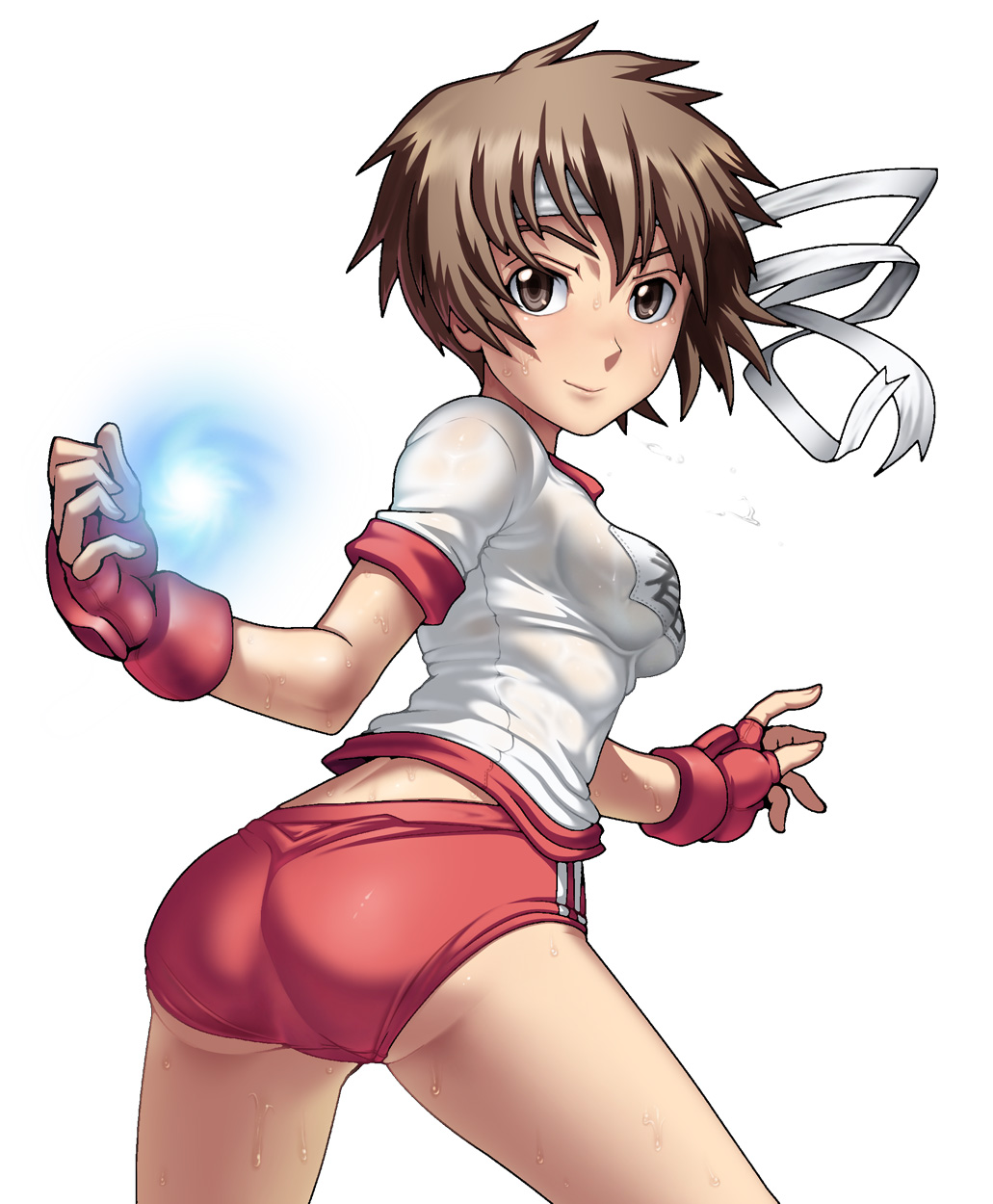 tabigarasu, kasugano sakura, capcom, street fighter, street fighter iv (series), highres, 1girl, alternate costume, ass, breasts, brown eyes, brown hair, buruma, female focus, fingerless gloves, gloves, gym uniform, headband, impossible clothes, impossible shirt, looking at viewer, see-through clothes, shirt, short hair, simple background, solo, sportswear, sweat, tight clothes, white background